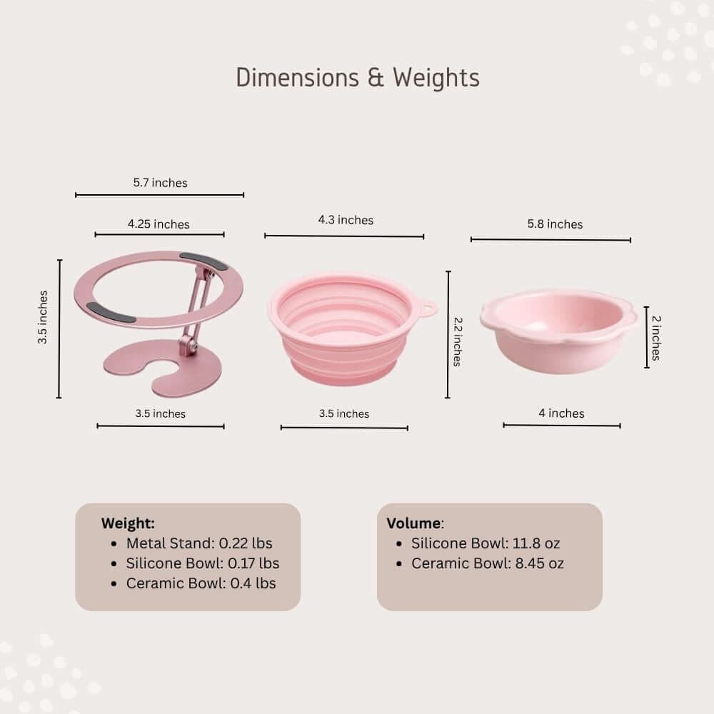 Dimensions and weights of multi-angle adjustable pet bowl stand set with measurements and weights for each component.