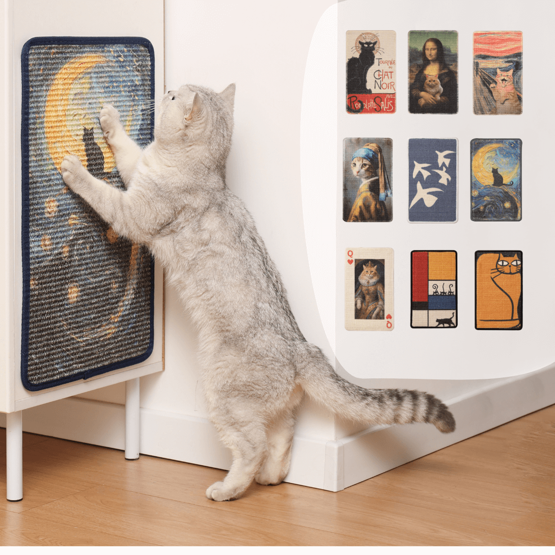 Cat using an art-inspired sisal scratching mat, showcasing its premium quality and natural texture.