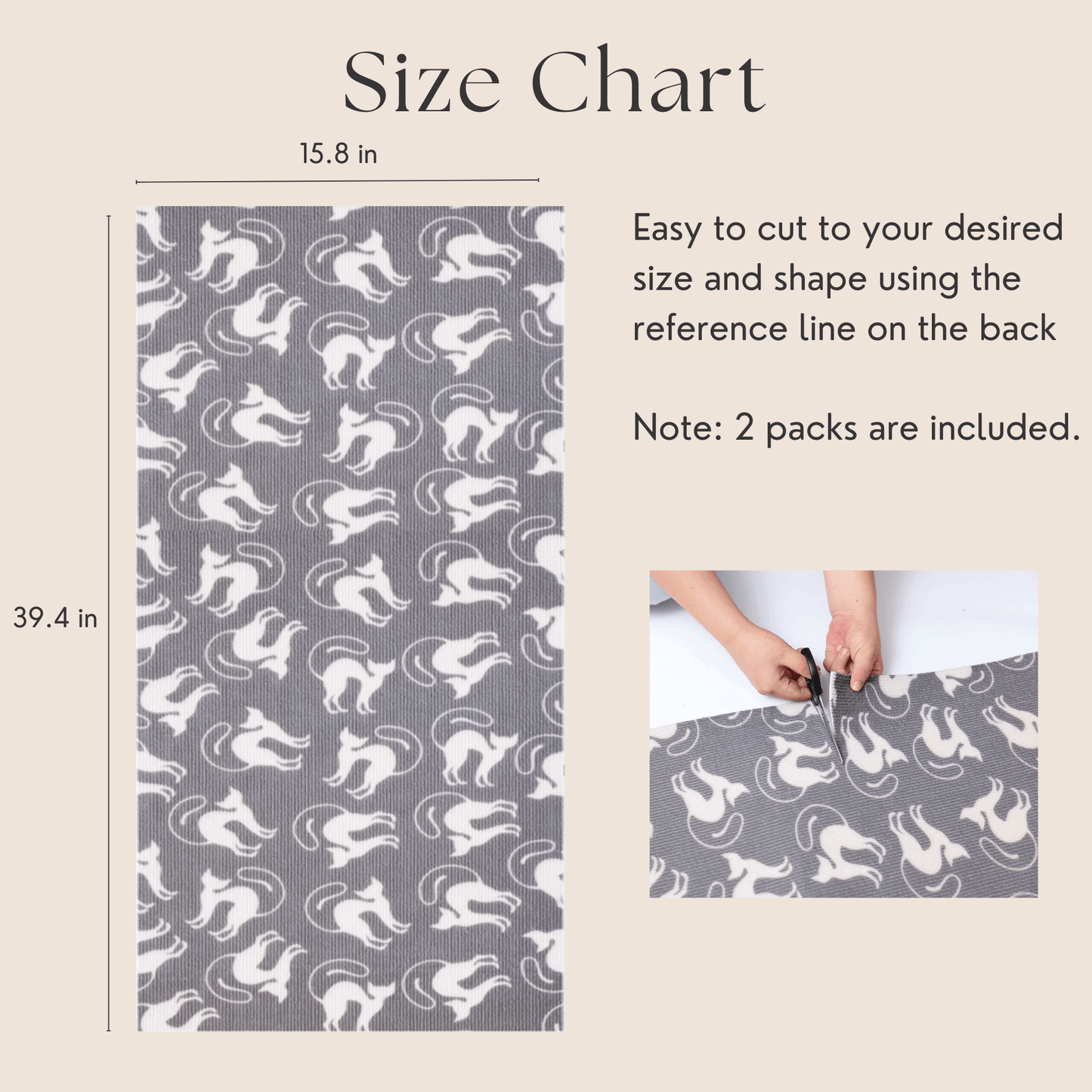 Size chart for trimmable DIY cat scratching mat, featuring chic pattern, 15.8 x 39.4 inches, easily cut to fit furniture, 2-pack included.