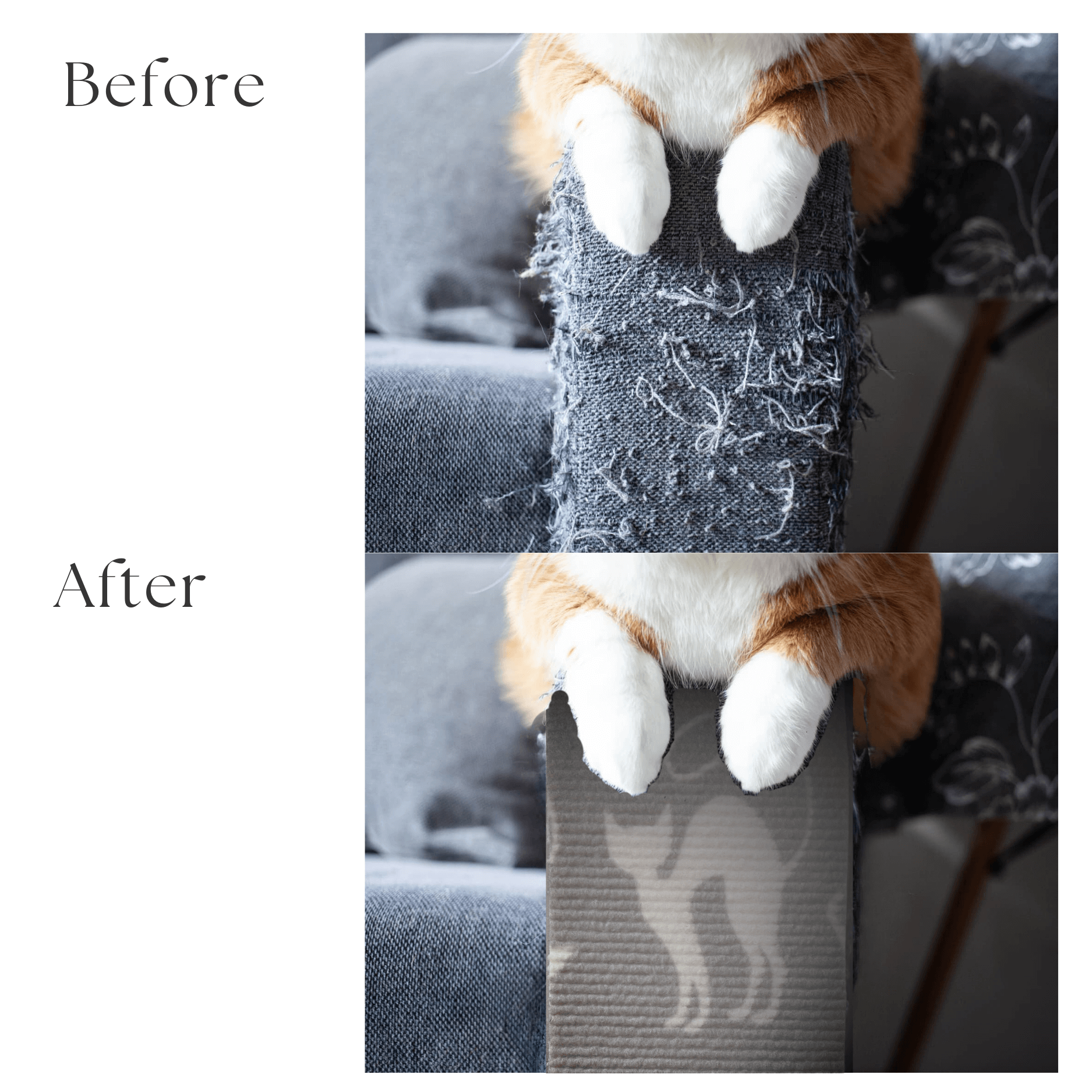 Comparison of couch damage before and after using a trimmable DIY cat scratching mat with strong self-adhesive backing.