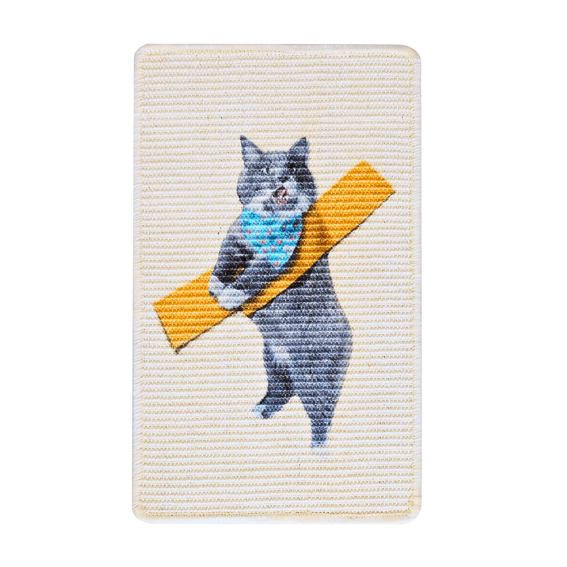 Art-inspired natural sisal scratching mat featuring a playful cat design with a blue scarf and yellow toy.