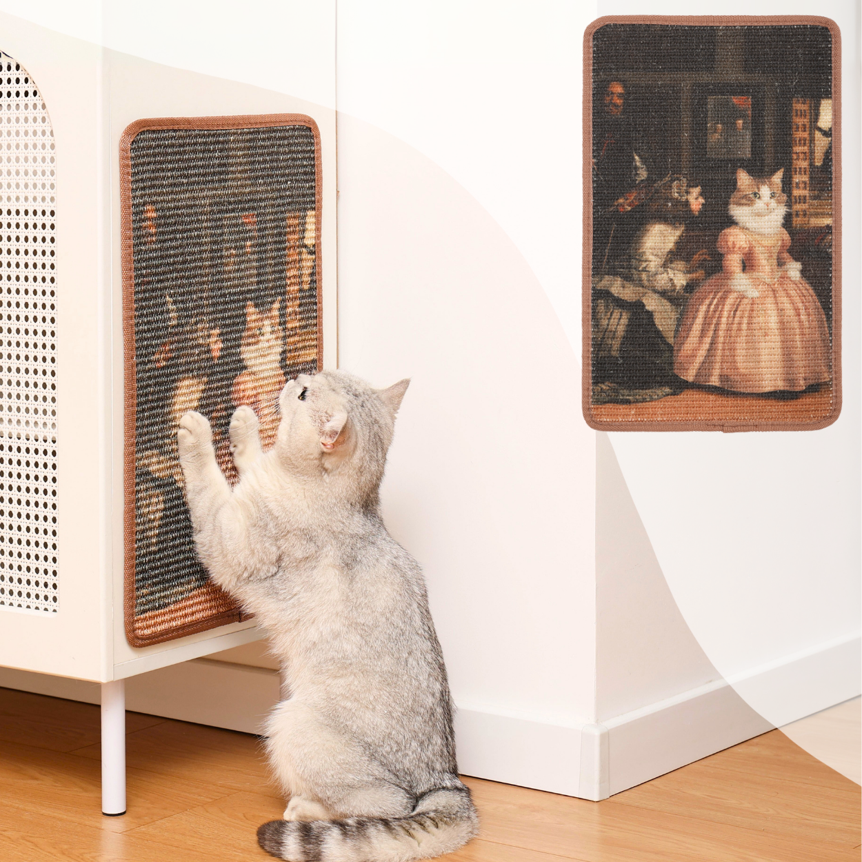 Cat enjoying the Art-Inspired Natural Sisal Scratching Mat for safe scratching and play.