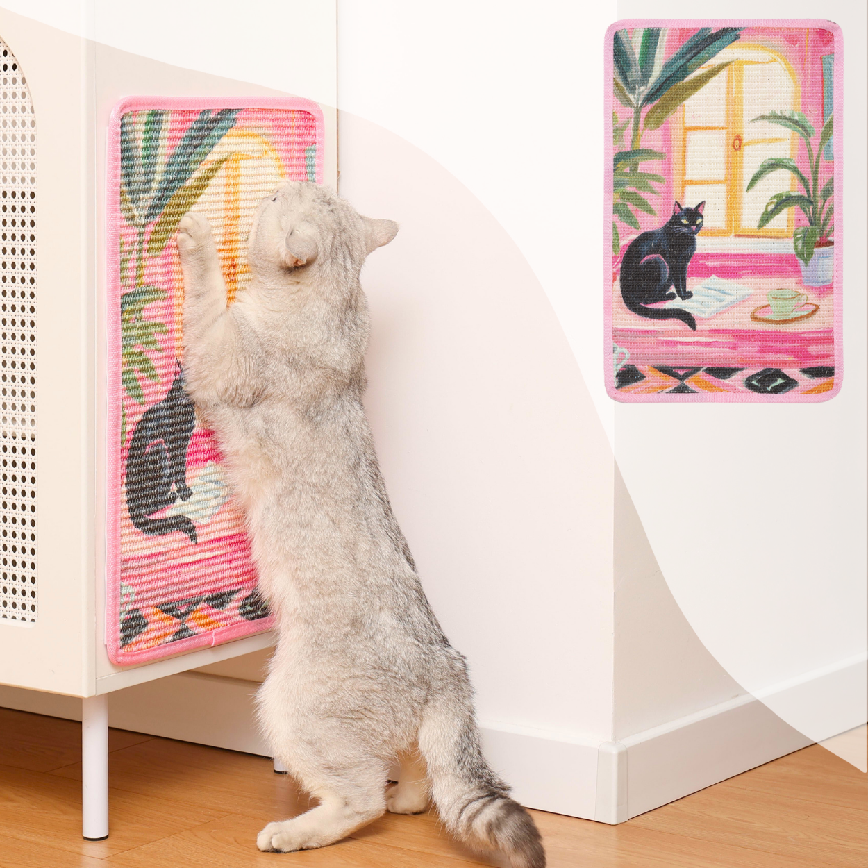 Gray cat scratching a colorful sisal mat with art design, promoting safe and fun play for cats.