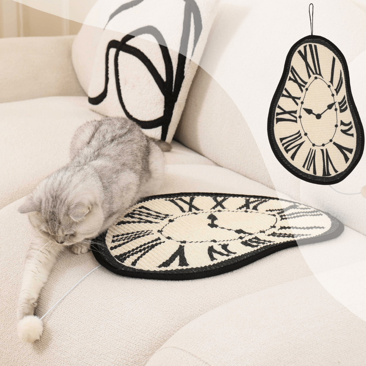 Melting clock cat scratching mat on a couch, featuring a playful cat and catnip pompom for entertainment.