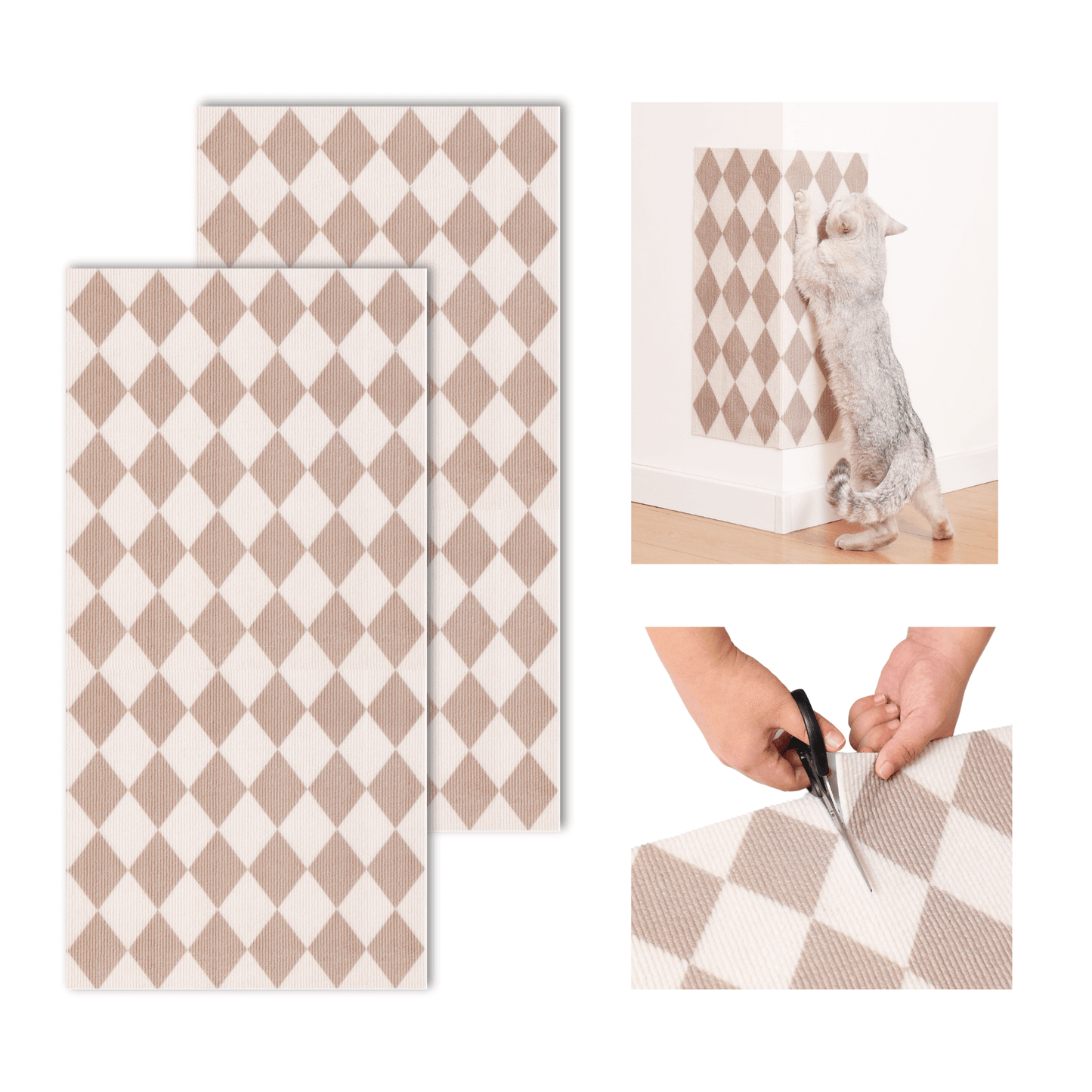 Trimmable DIY cat scratching mat with chic pattern, shows versatility on furniture and easy customization by cutting to size.