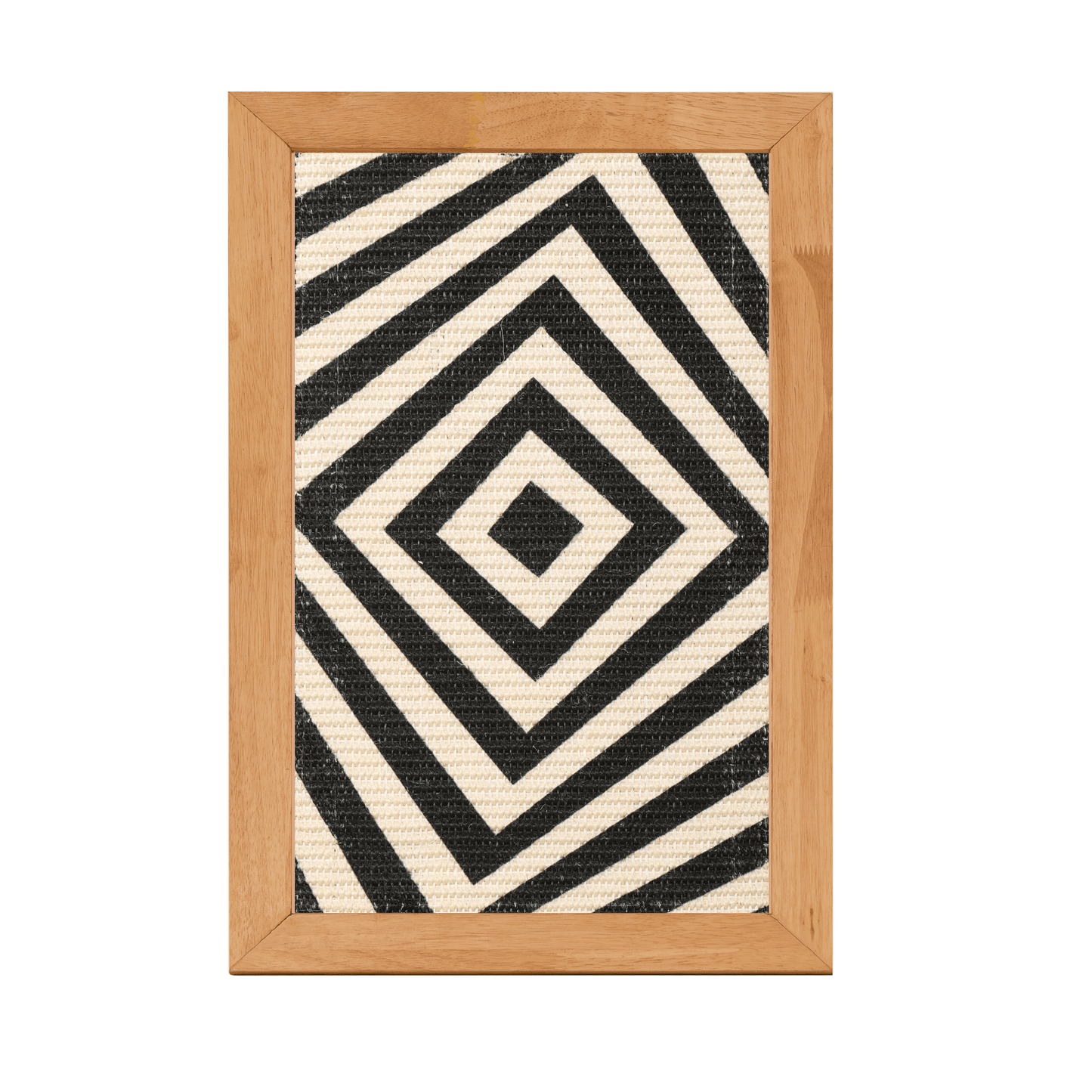 Stylish sisal art scratcher for cats with a geometric black and white design and natural wood frame.