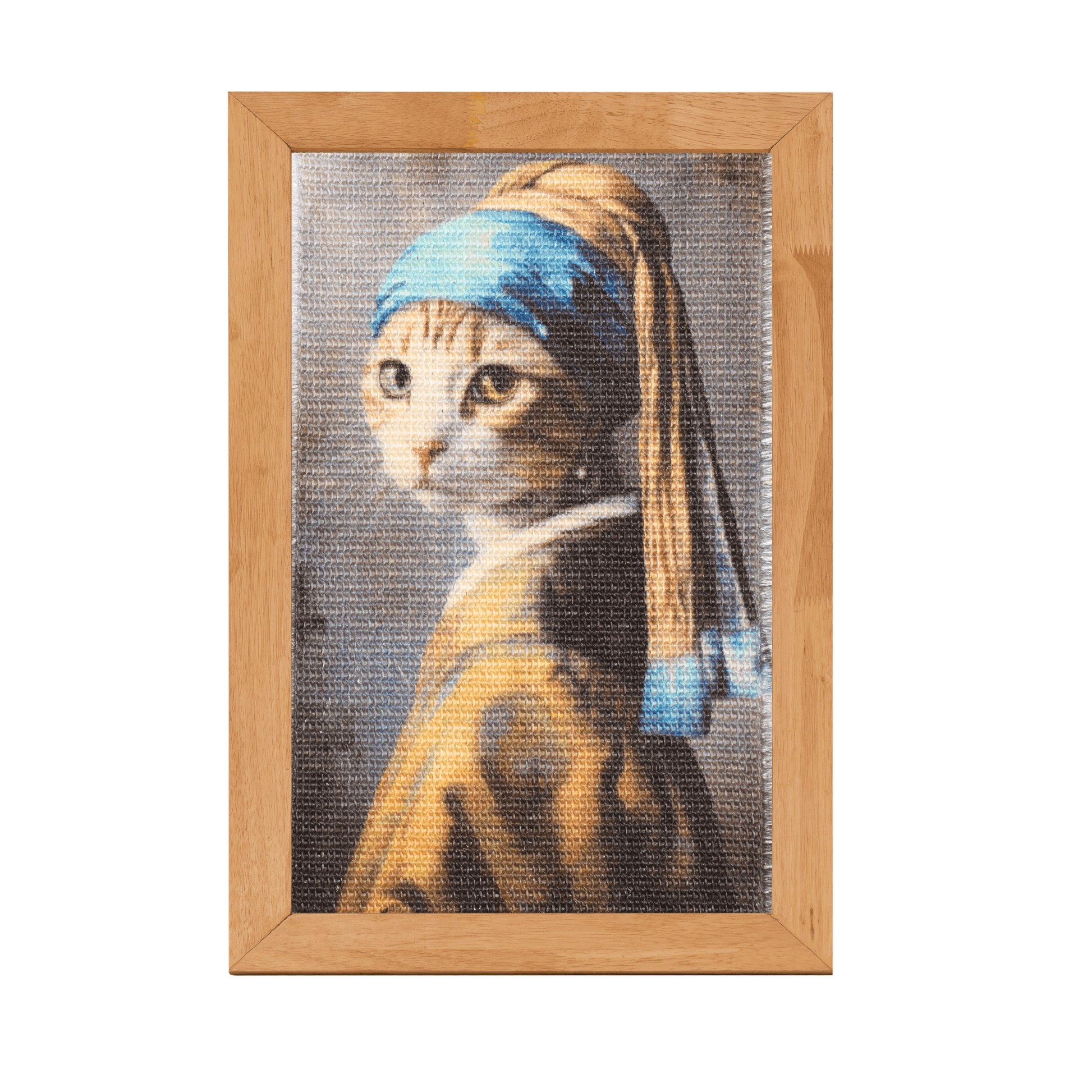 Artistic cat portrait in a wooden frame, featuring a feline in a blue headscarf, resembling classic art.