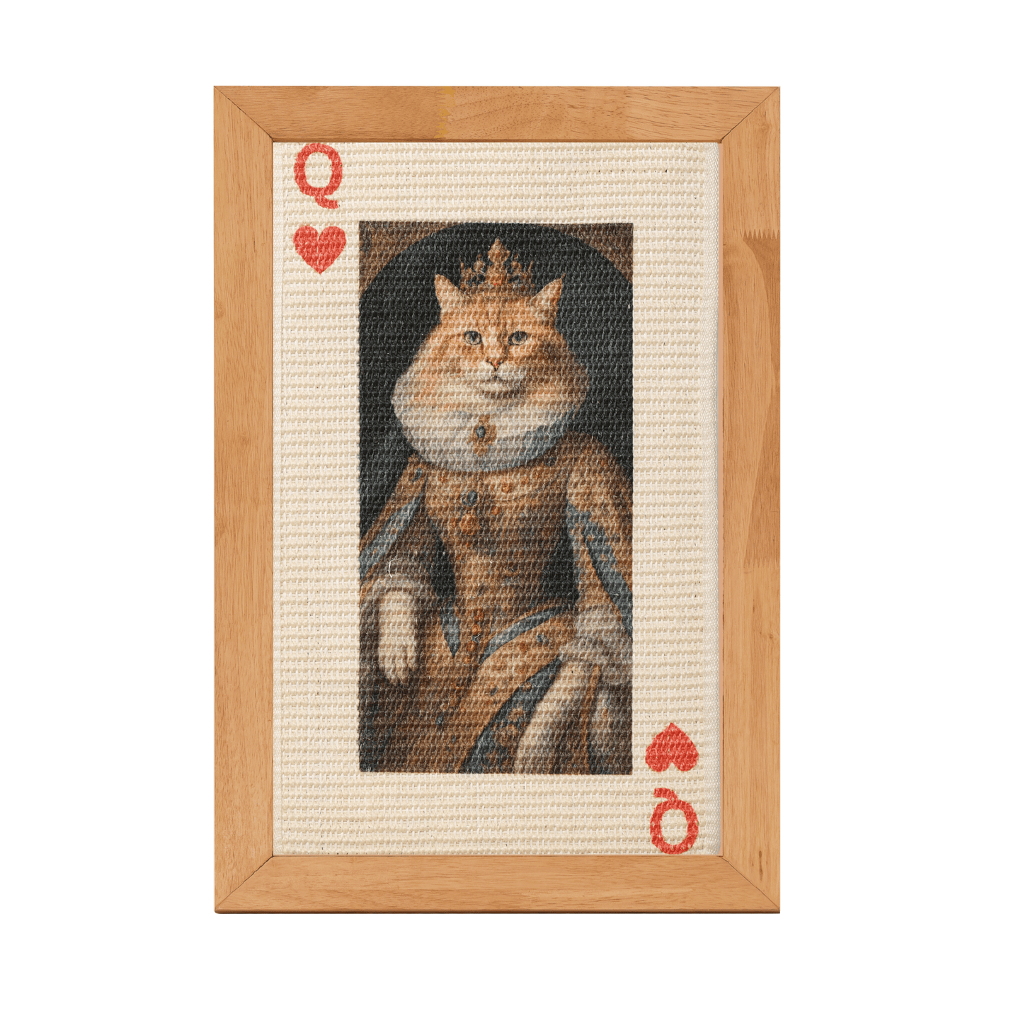 Sisal art scratcher featuring a regal cat painted as a queen with a card motif, perfect for feline play and decor.