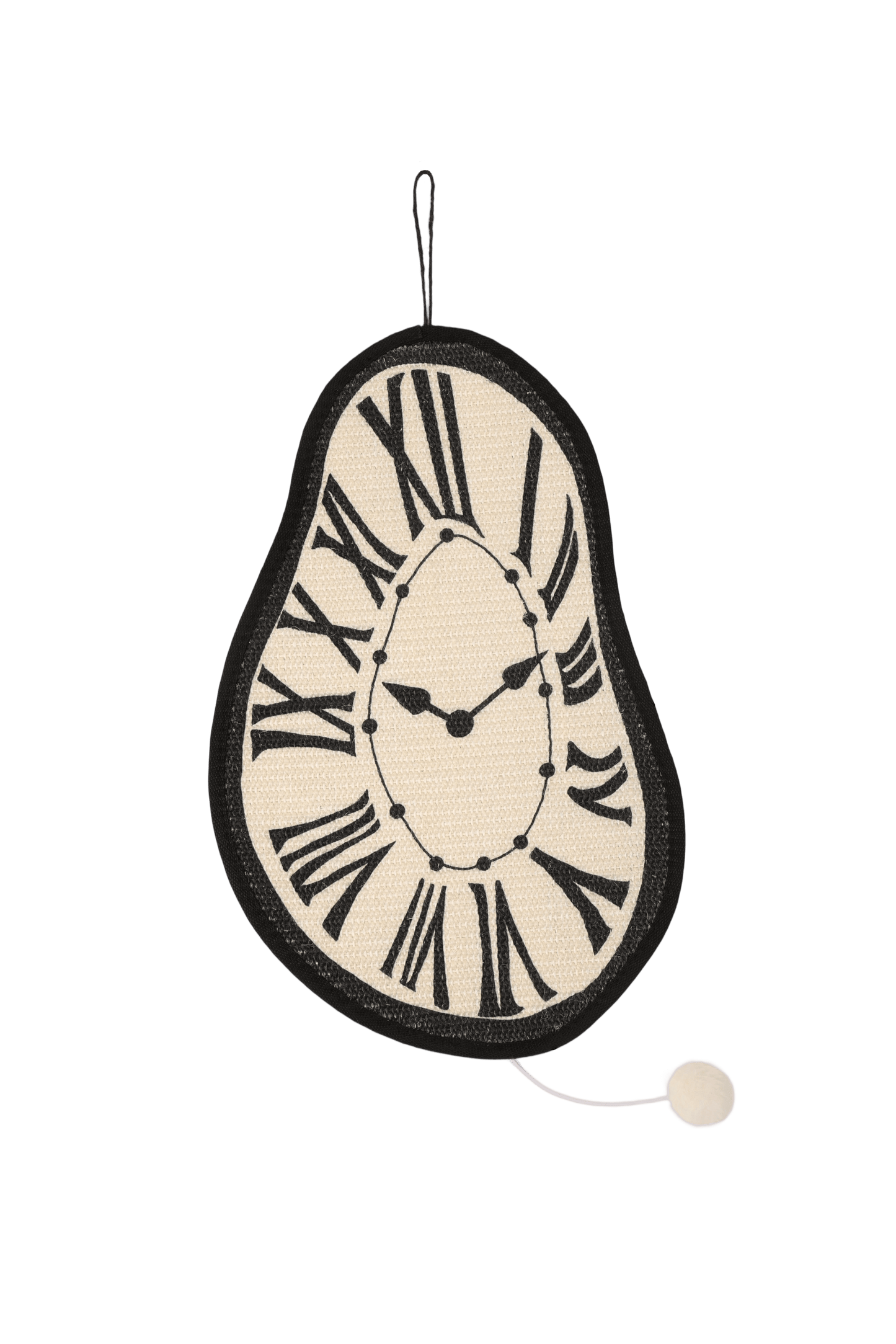 Melting clock cat scratching mat with a unique design and catnip pompom, perfect for scratching and furniture protection.