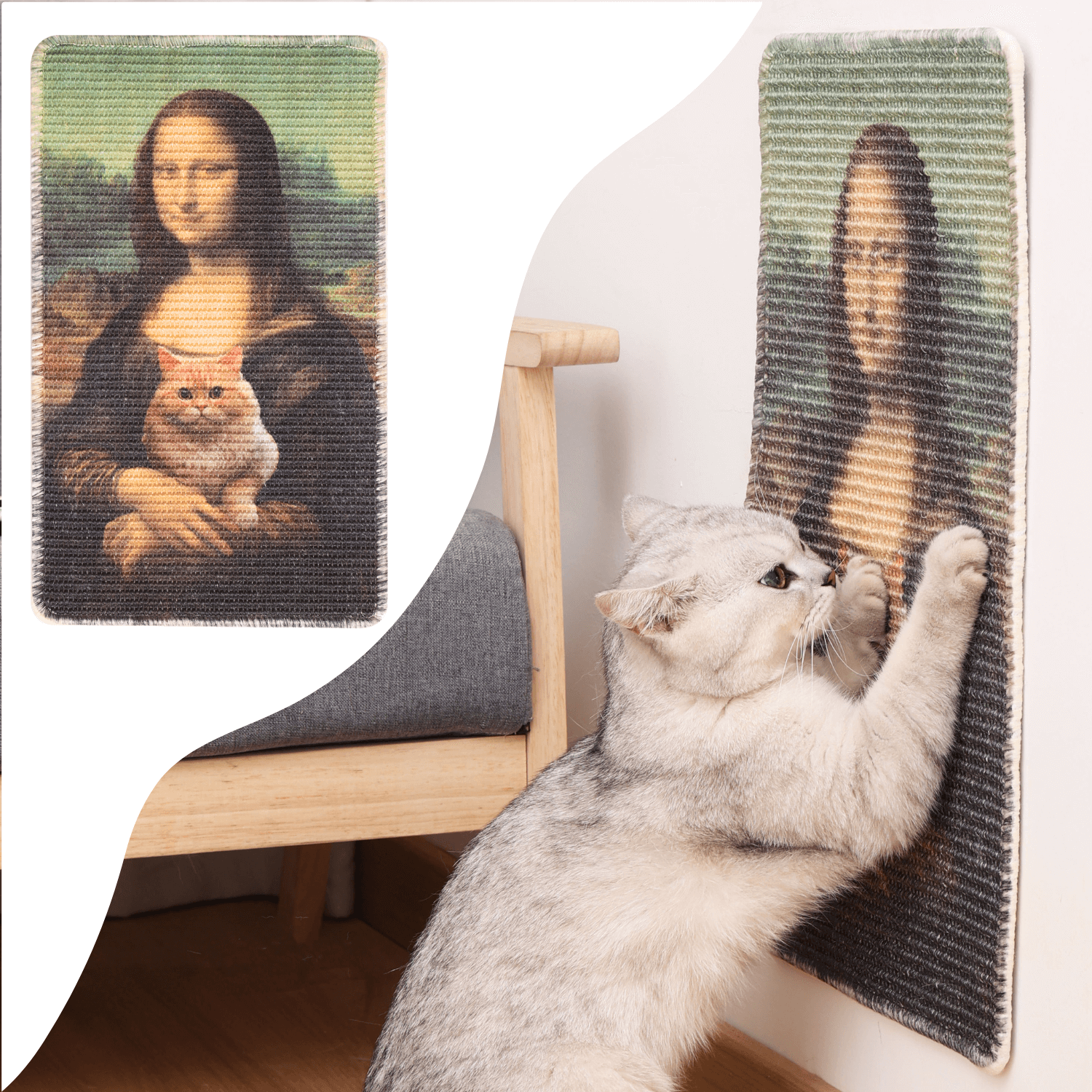 Cat scratching on an art-inspired sisal mat featuring the Mona Lisa, blending functionality with aesthetics.