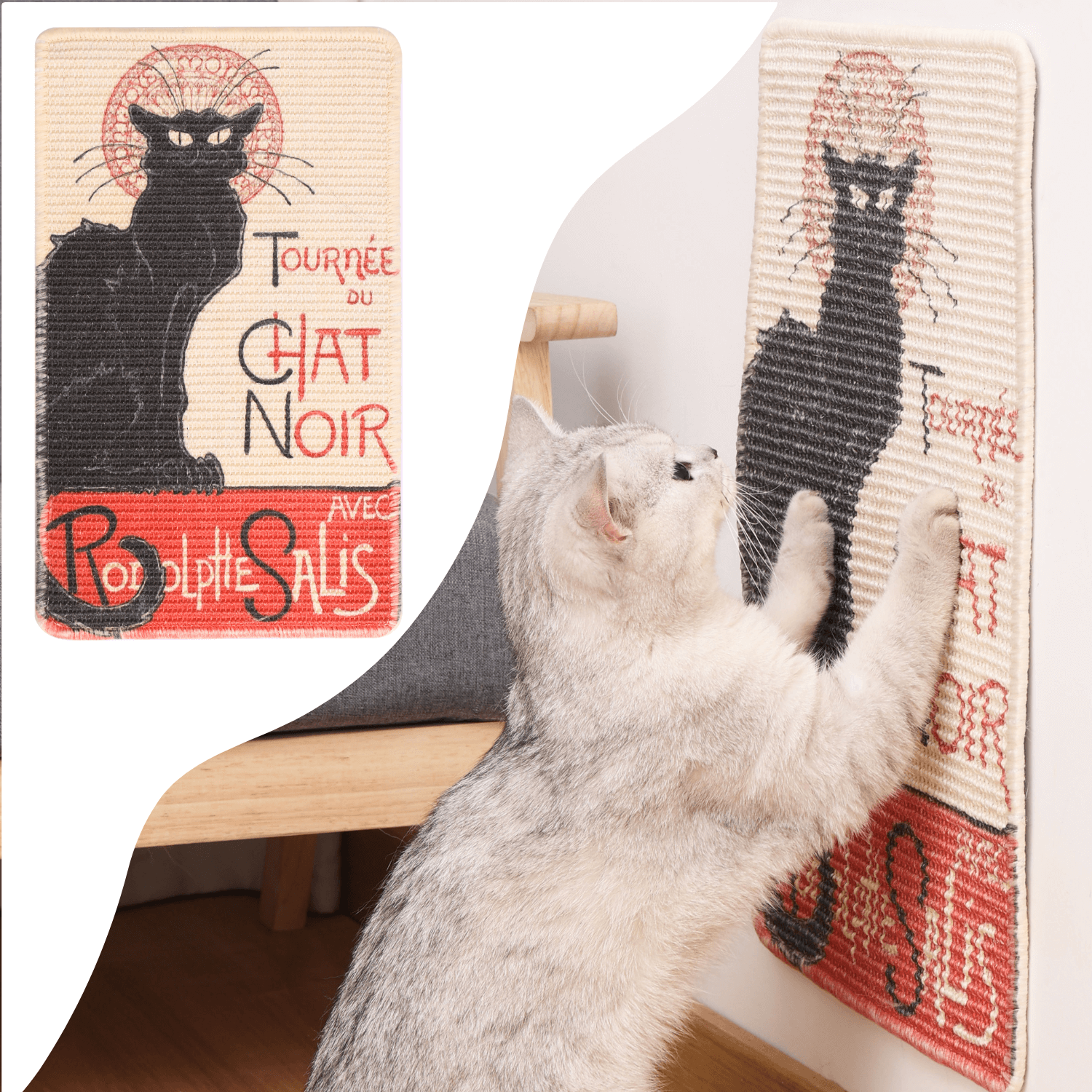 Cat scratching an art-inspired natural sisal mat featuring a black cat design, enhancing play and comfort for felines.