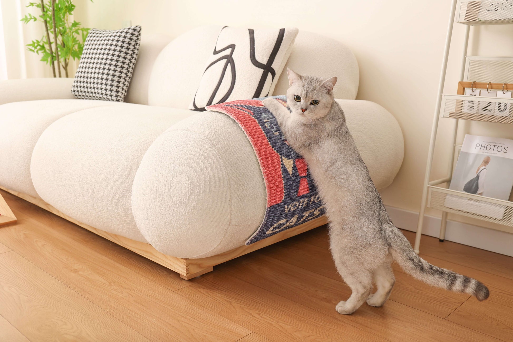 Cat using a natural sisal scratching mat on a modern couch, promoting safe scratching and play.