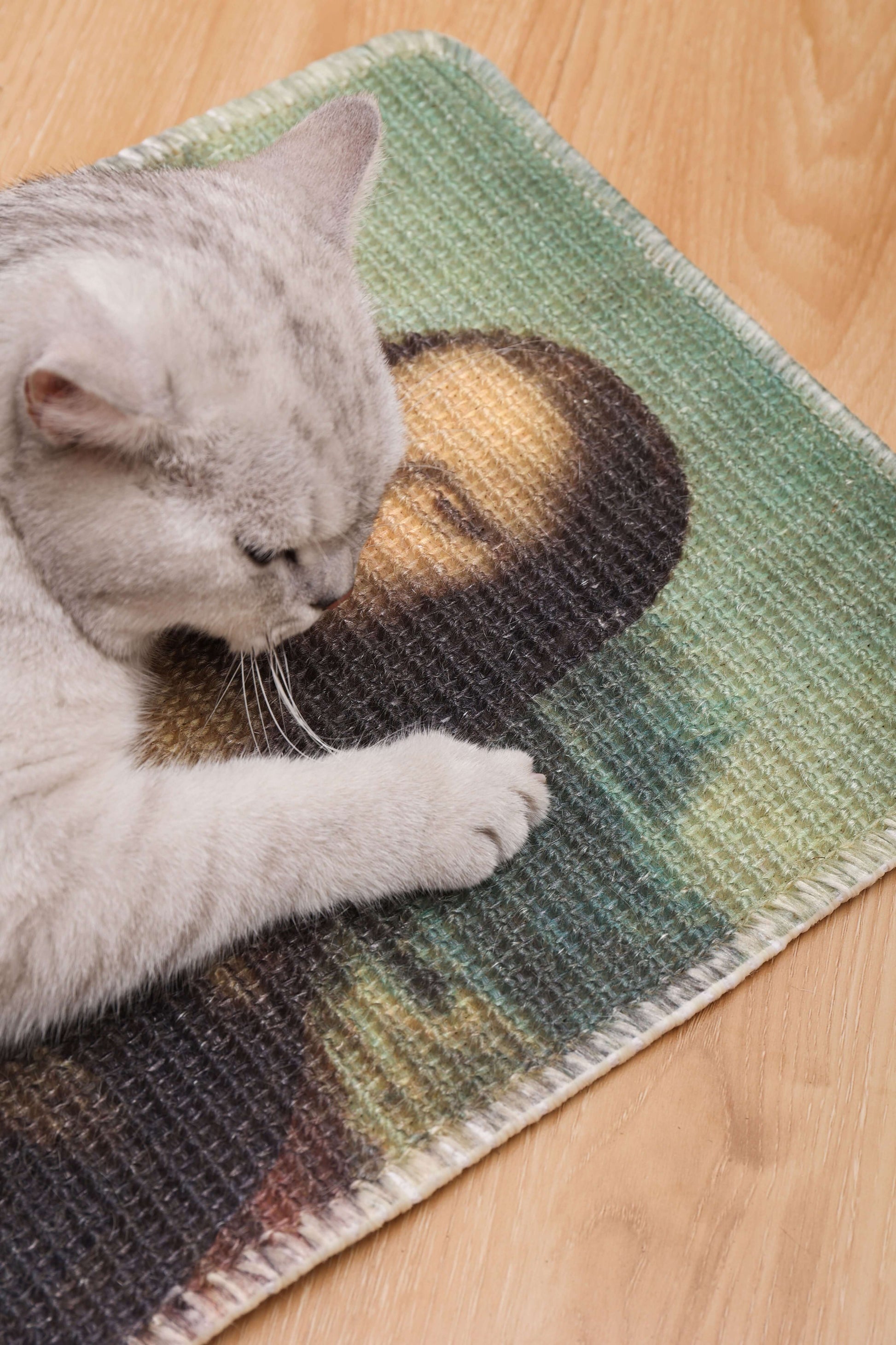 Gray cat lounging on art-inspired natural sisal scratching mat with a famous painting design.