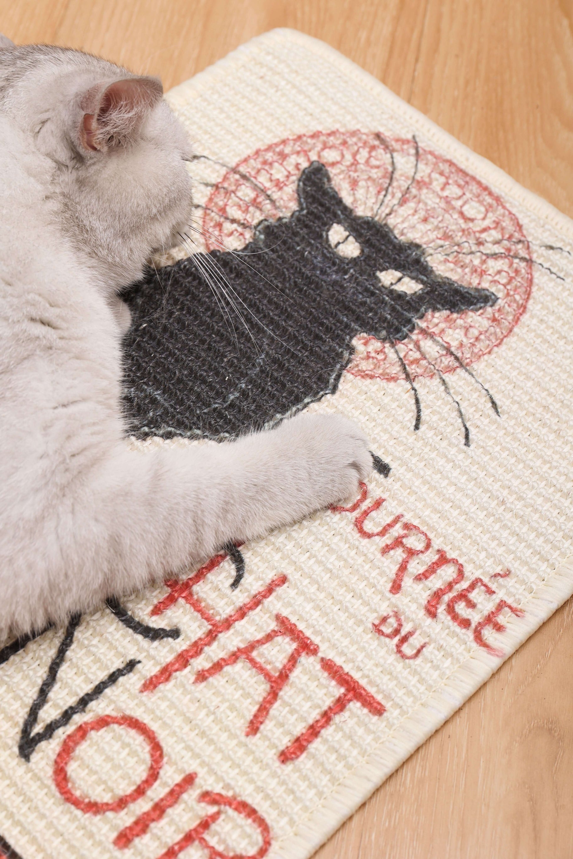 Cat resting on an art-inspired natural sisal scratching mat featuring a black cat design, perfect for scratching and play.
