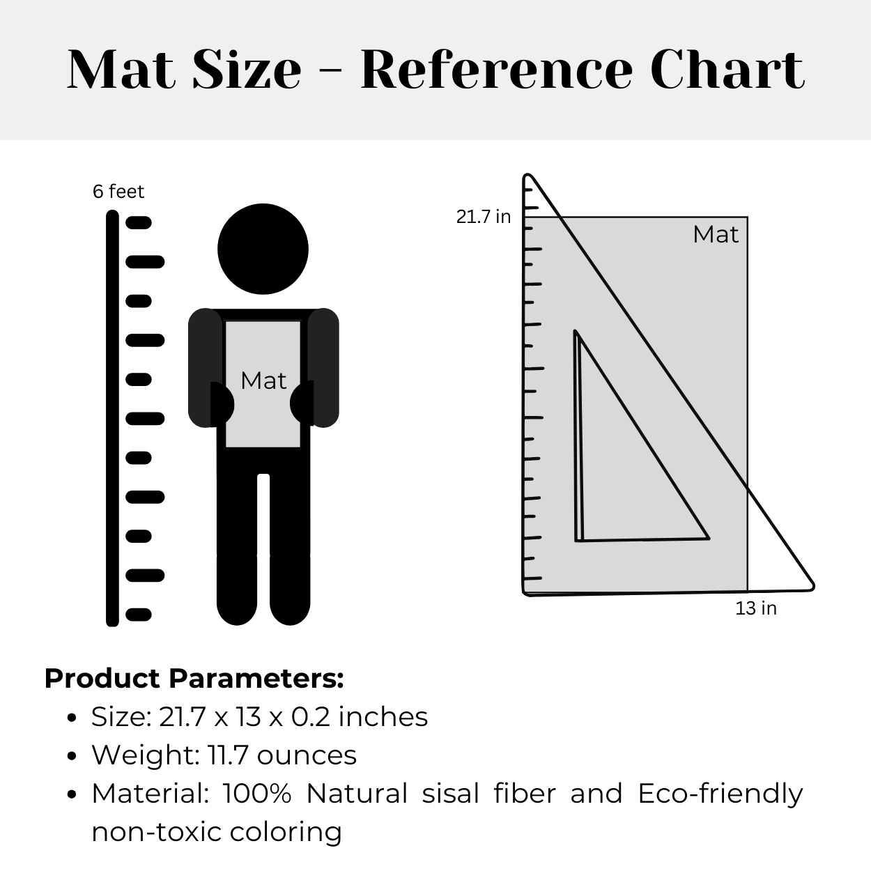 Size reference chart for natural sisal scratching mat, showing dimensions and material details.