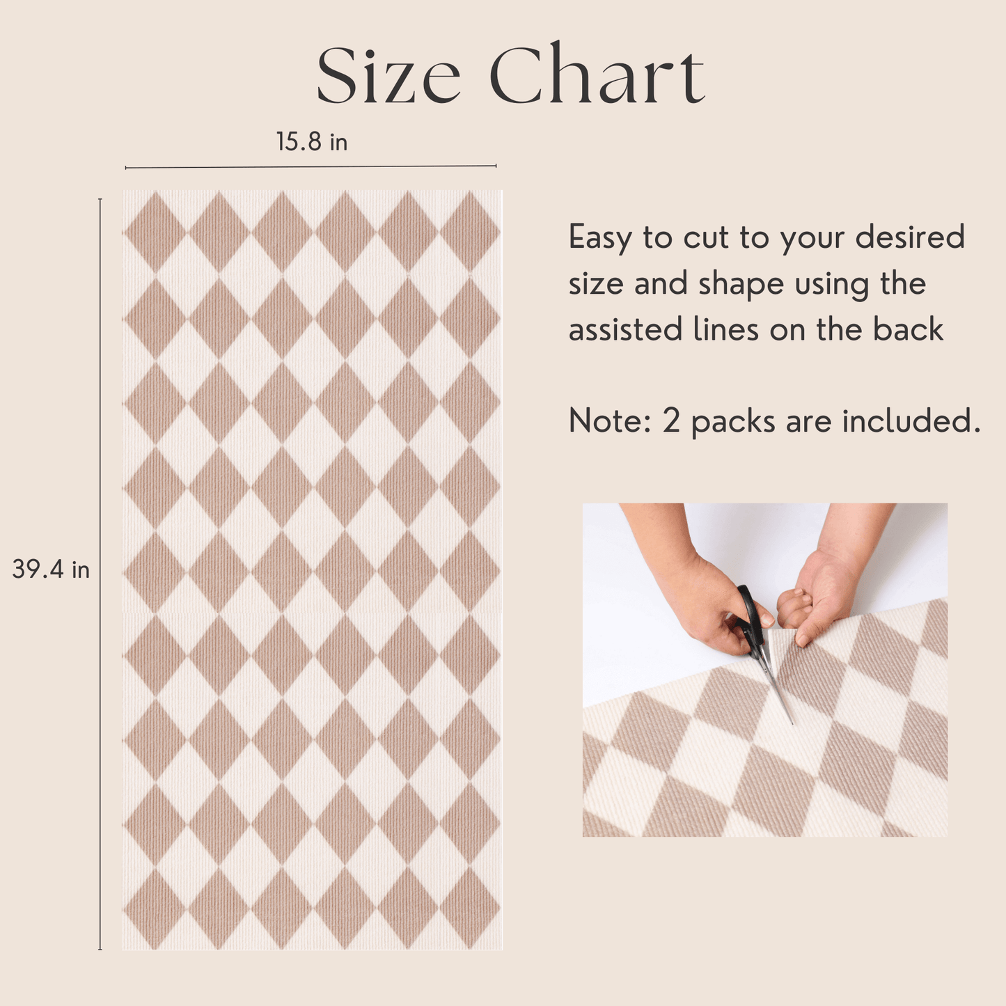 Size chart of trimmable DIY cat scratching mat showing dimensions and cutting instructions, includes two packs for easy customization.