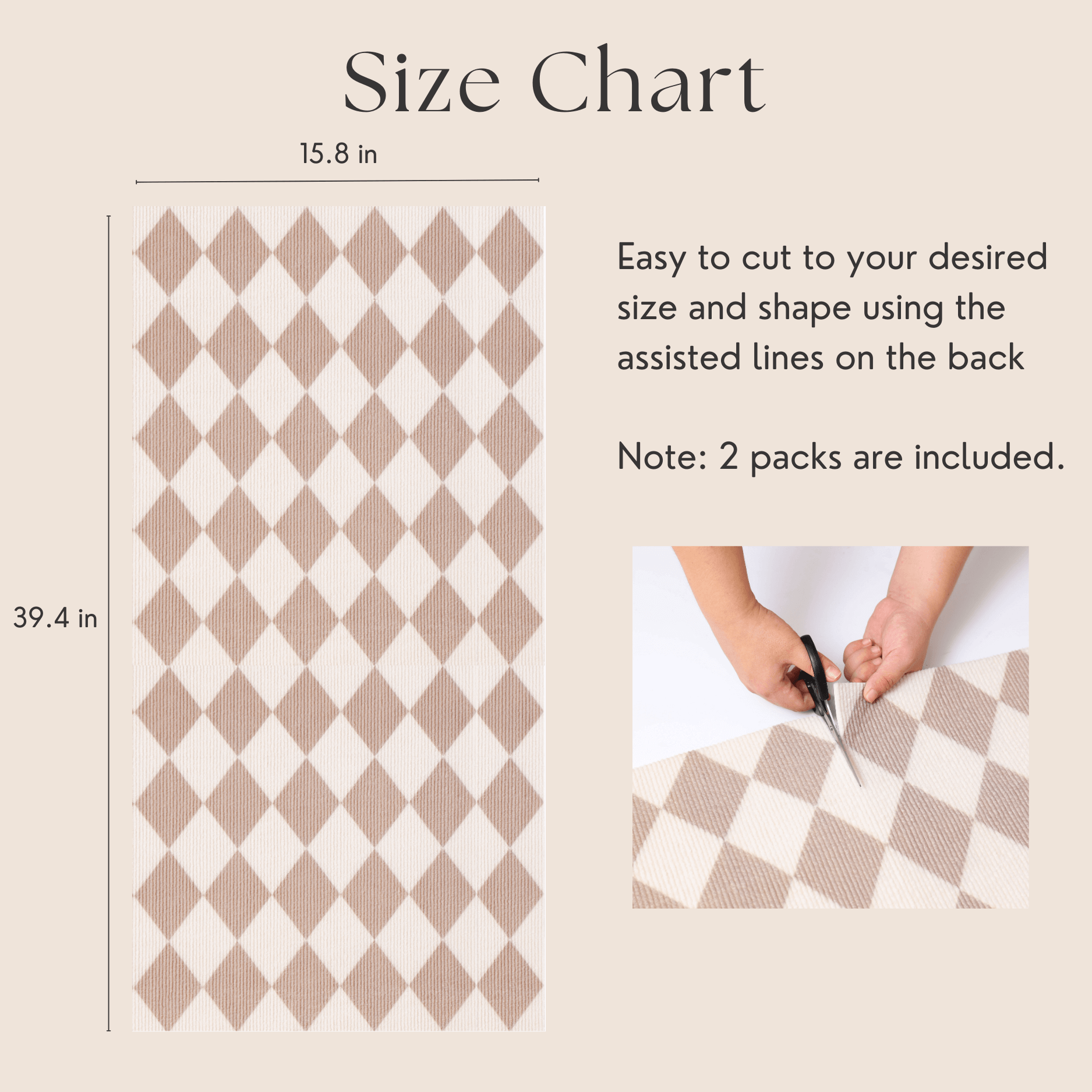 Size chart of trimmable DIY cat scratching mat showing dimensions and cutting instructions, includes two packs for easy customization.