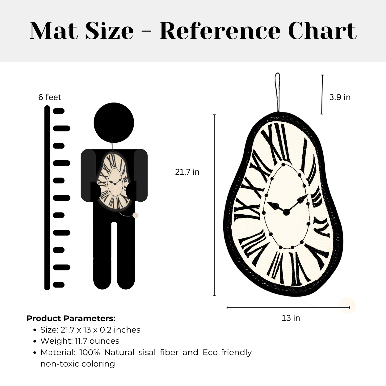 Size reference chart for Melting Clock Cat Scratching Mat with dimensions and features, displayed alongside a person silhouette.