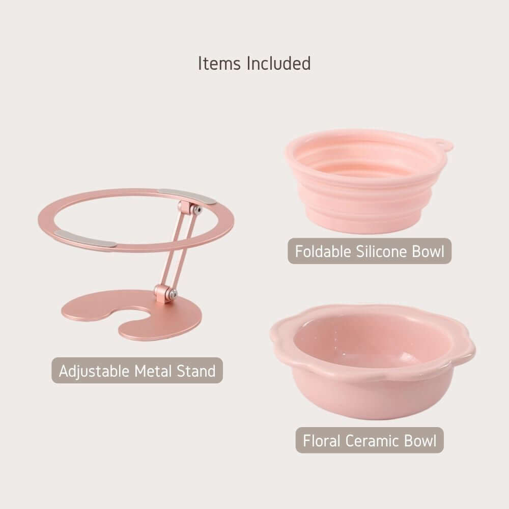 Adjustable metal pet bowl stand with foldable silicone bowl and floral ceramic bowl included.