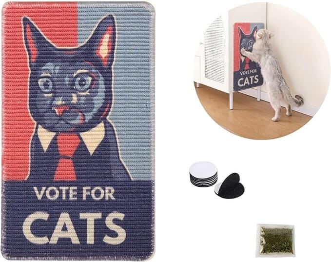 Art-inspired sisal cat scratching mat featuring a vintage 'Vote for Cats' design.