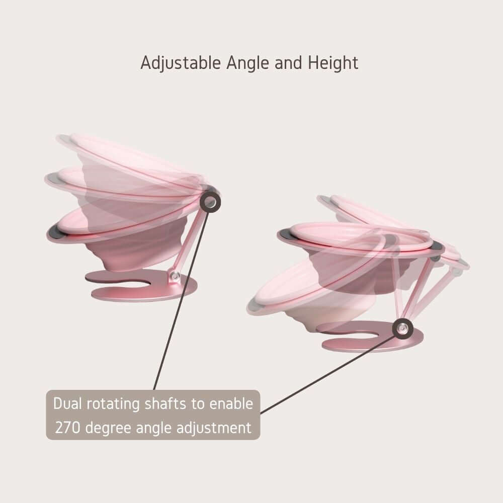 Illustration of a pet bowl stand showing adjustable angle and height with dual rotating shafts for 270-degree adjustment.