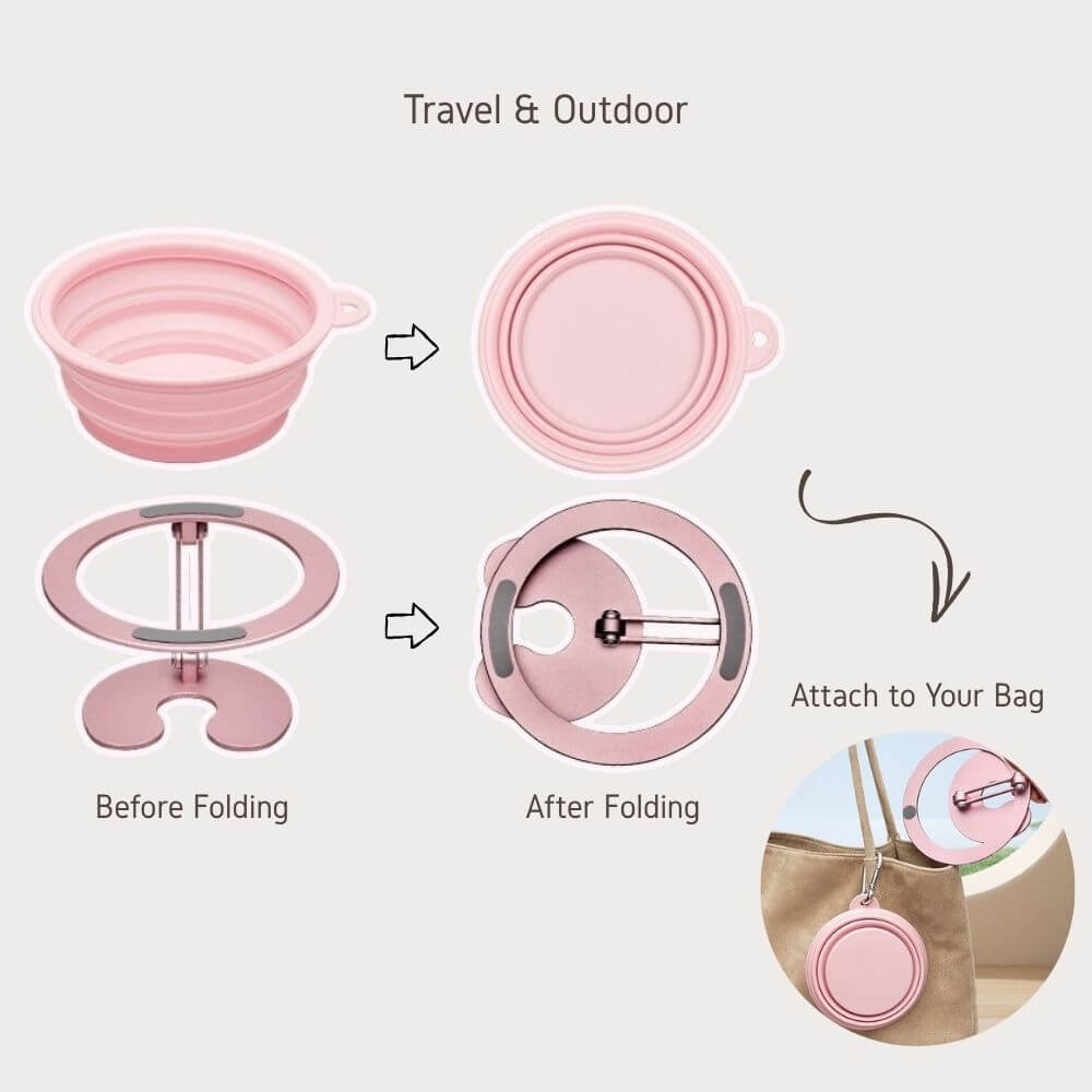 Collapsible pink travel pet bowl, showing folding process and attachment to bag for convenience.