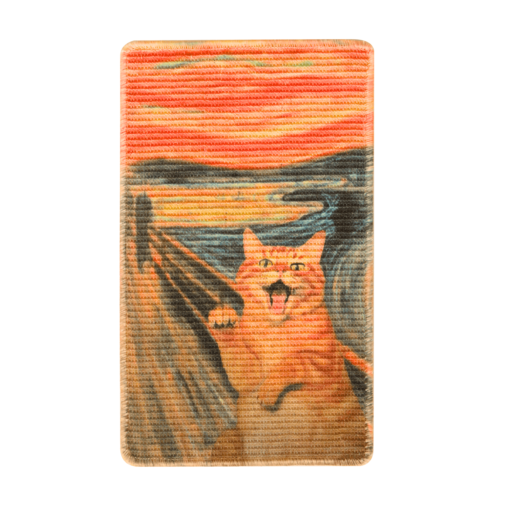 Art-inspired natural sisal scratching mat featuring a playful cat design and vibrant colors.