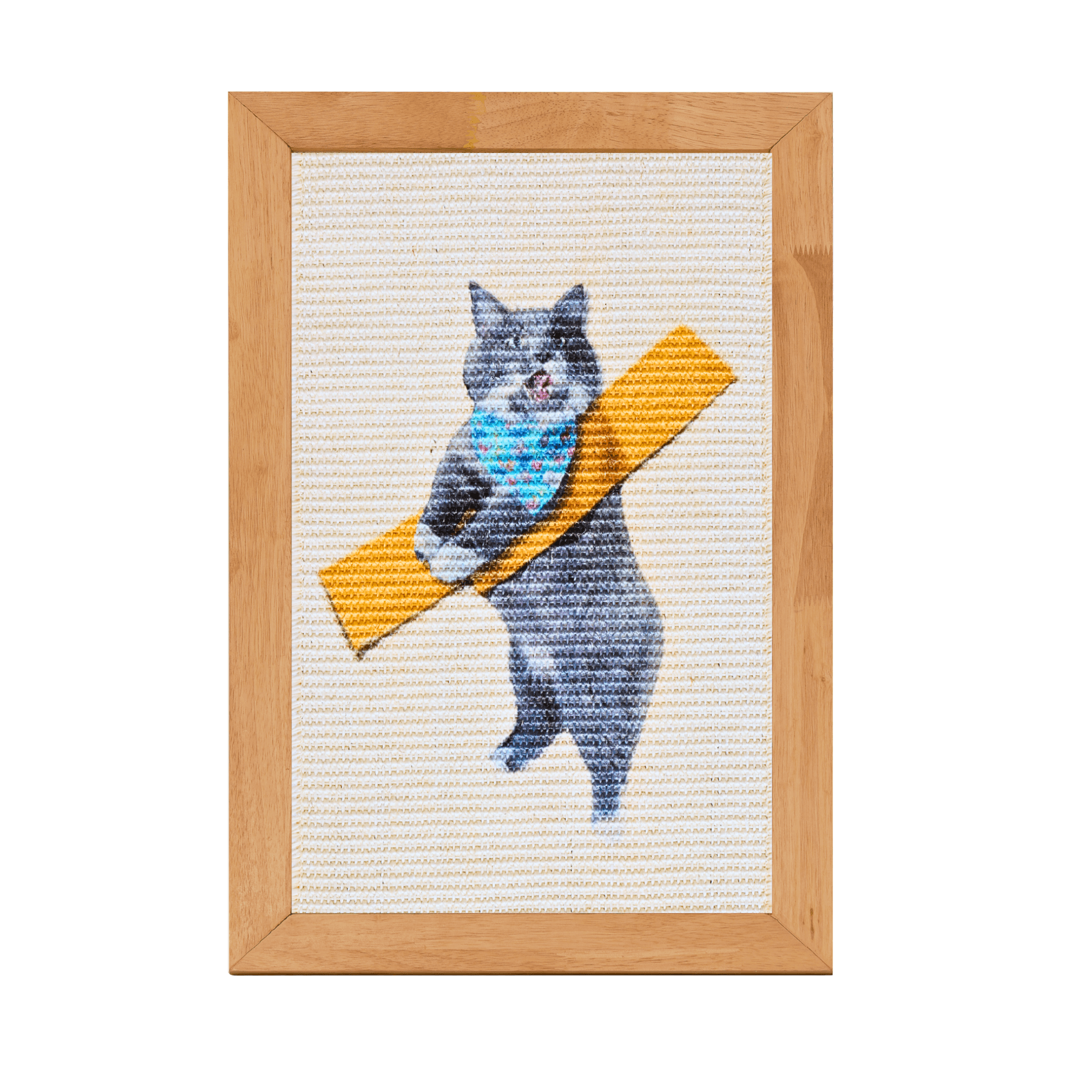 Stylish sisal art frame scratcher featuring a playful cat with a yellow scratcher toy.