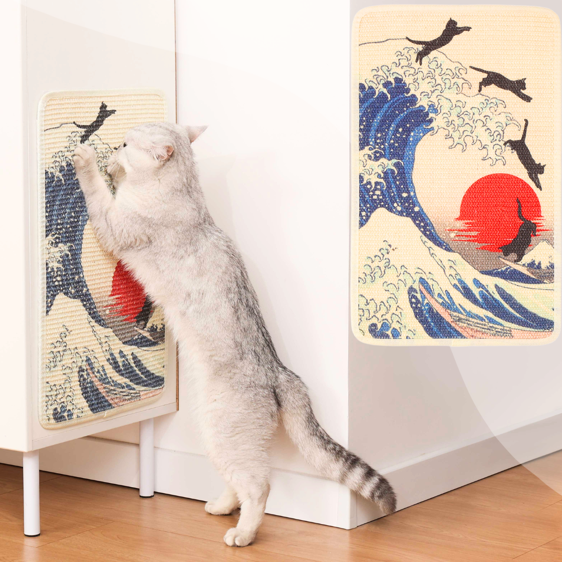 Cat scratching an Art-Inspired Natural Sisal Scratching Mat with a wave and sunset design.