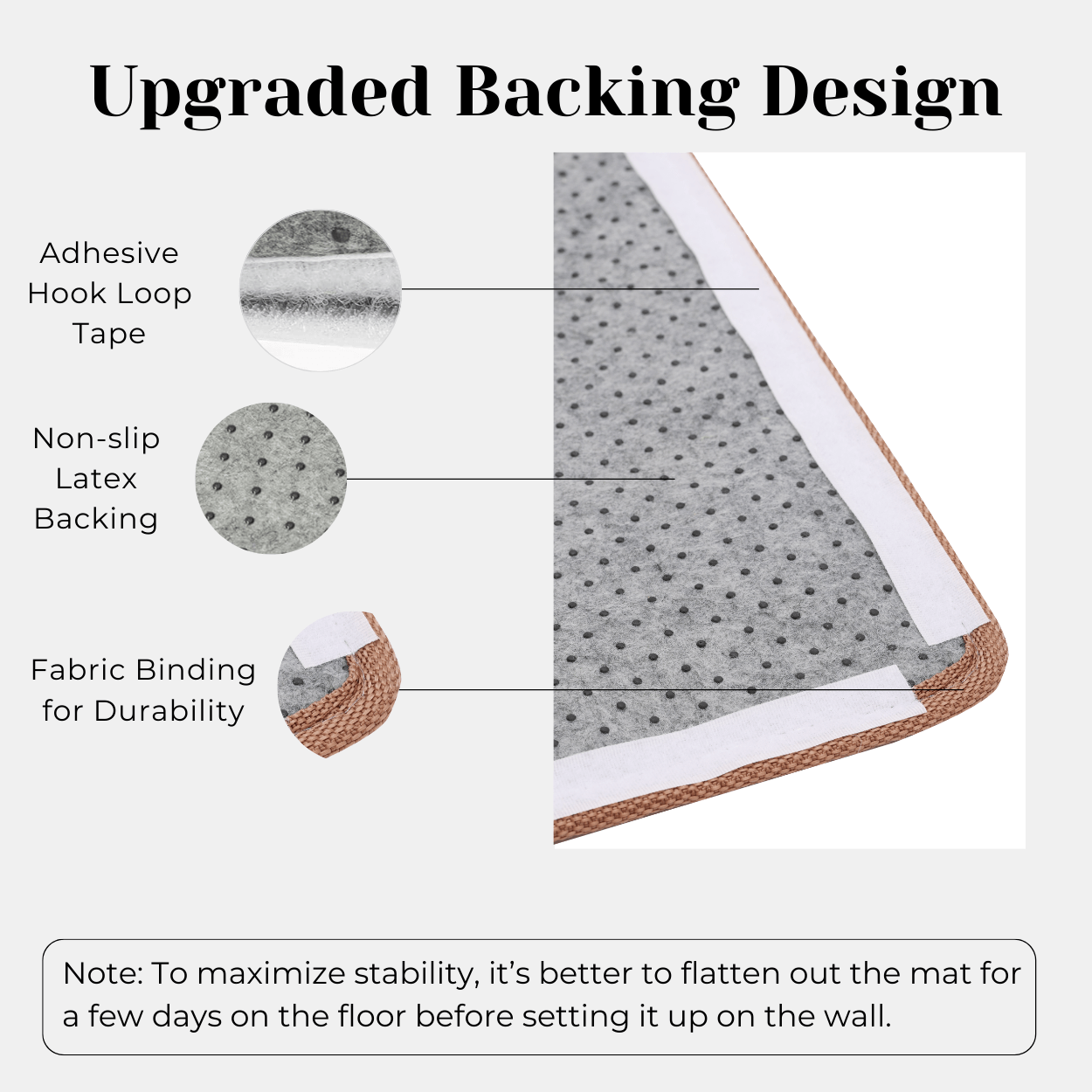 Close-up of upgraded sisal mat backing showing adhesive hook tape, non-slip latex, and durable fabric binding.