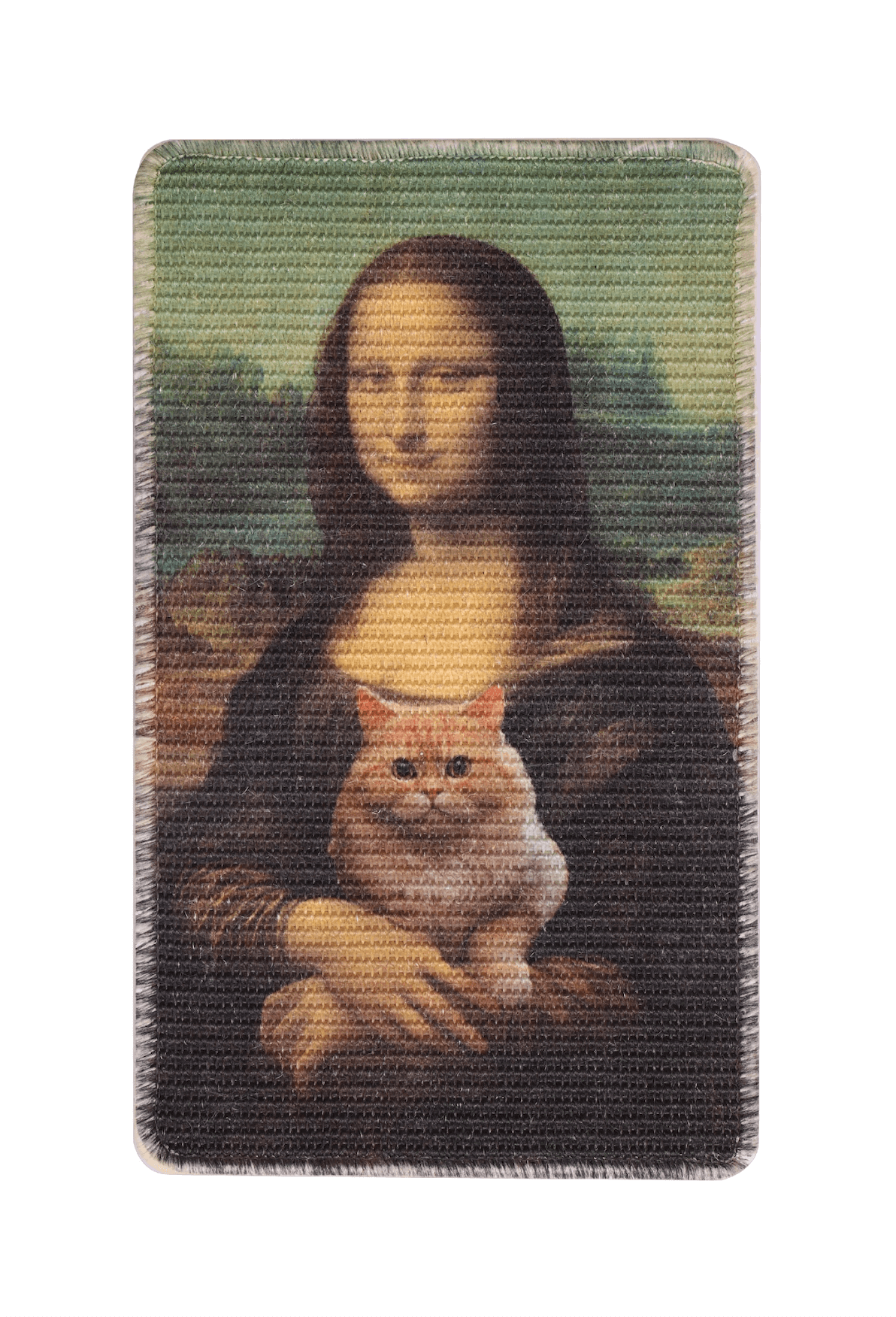 Art-inspired sisal scratching mat featuring a Mona Lisa design with a cat.