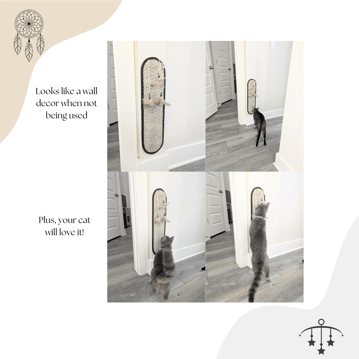 Boho Dream Scratcher Mat showcased as wall decor; cats enjoying the stylish multifunctional scratching solution.