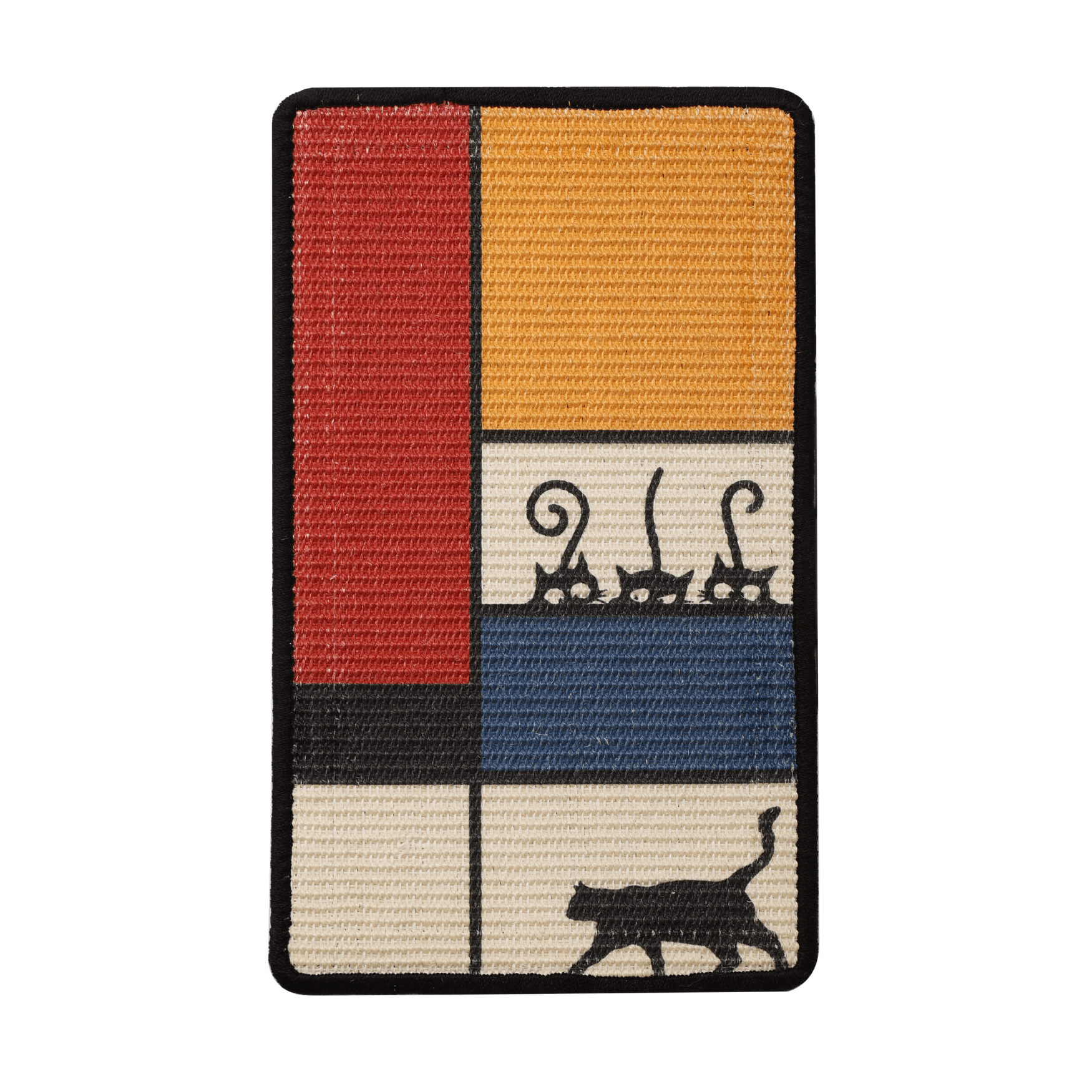 Art-inspired natural sisal scratching mat with colorful block design, featuring playful cat silhouettes.