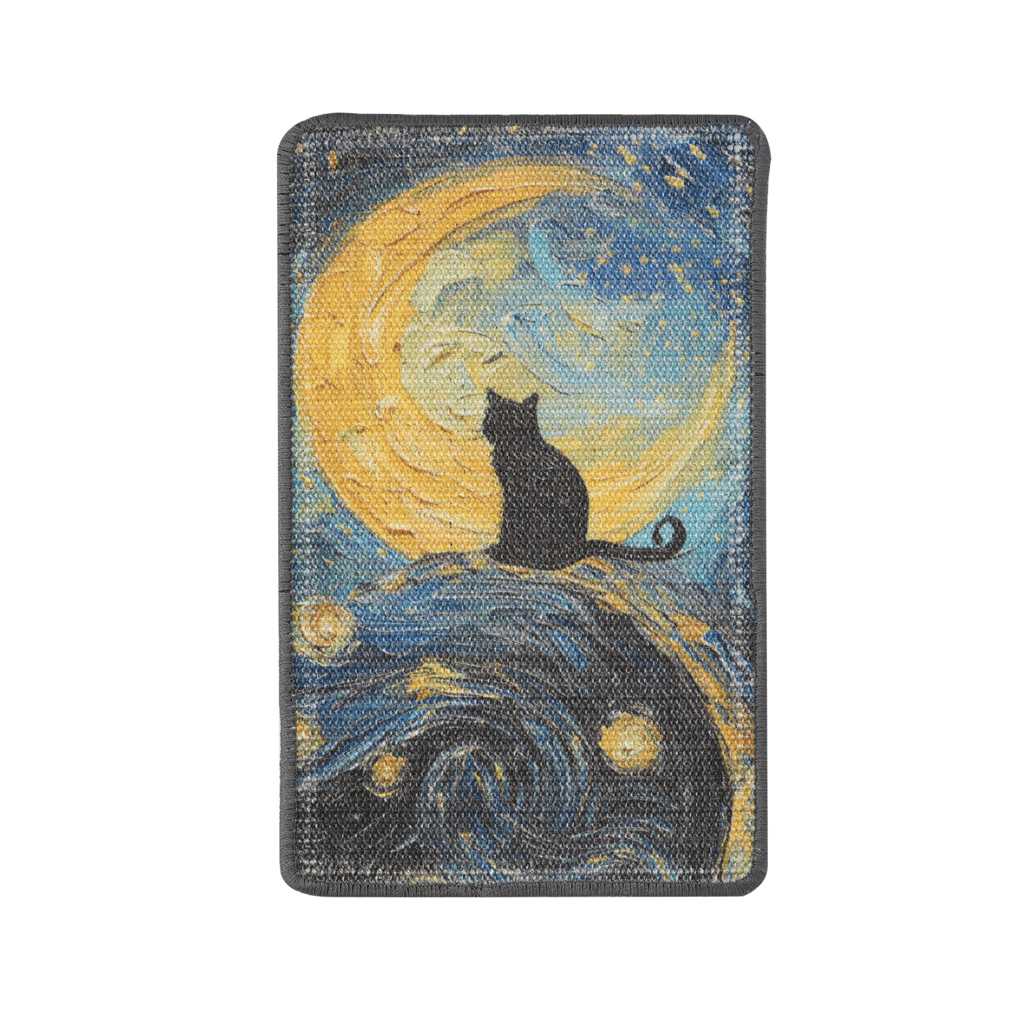 Art-inspired sisal scratching mat featuring a black cat against a starry night and moon design.