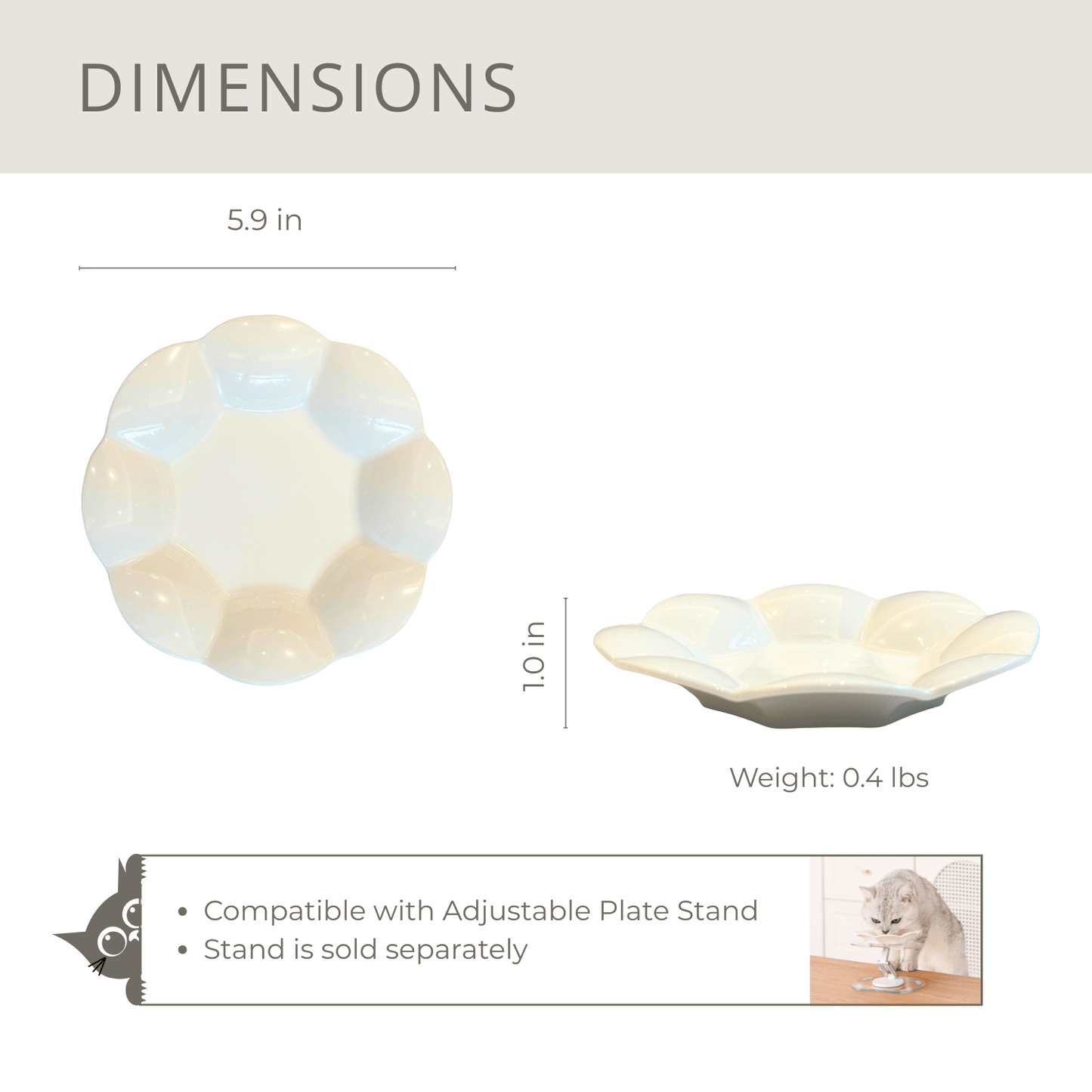 Dimensions of flower-shaped ceramic feeding bowl for cats and small dogs, measuring 5.9x10 inches and weighing 0.4 lbs.