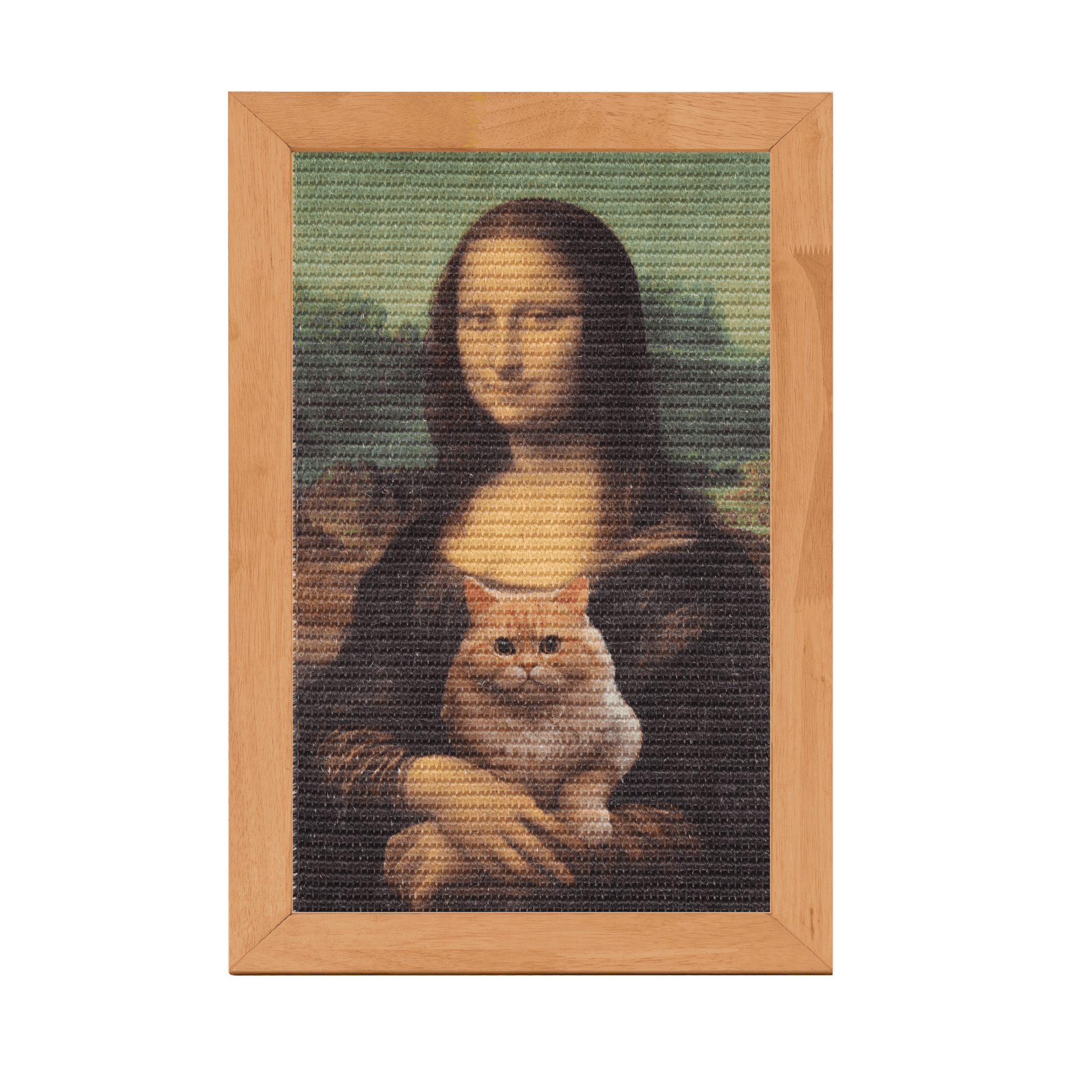 Sisal art frame scratcher featuring a cat-inspired design resembling the Mona Lisa.