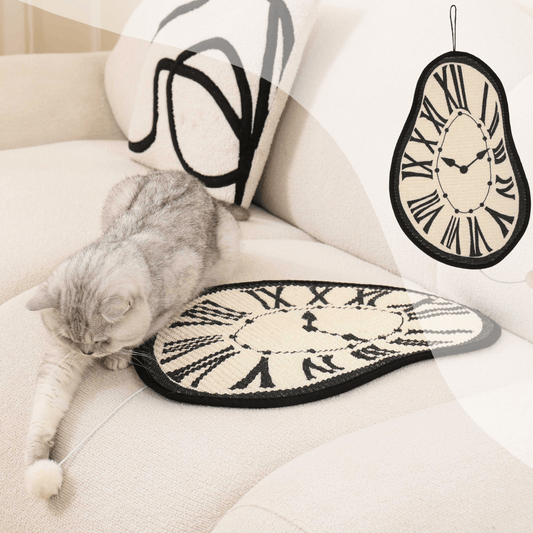 Melting clock cat scratching mat on a couch, featuring a playful cat and catnip pompom for entertainment.