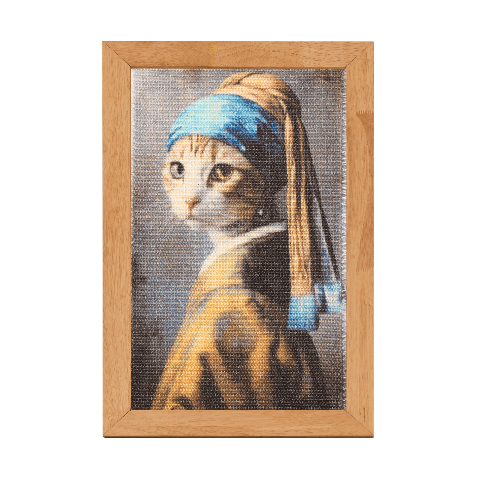 Artistic cat portrait in a wooden frame, featuring a feline in a blue headscarf, resembling classic art.