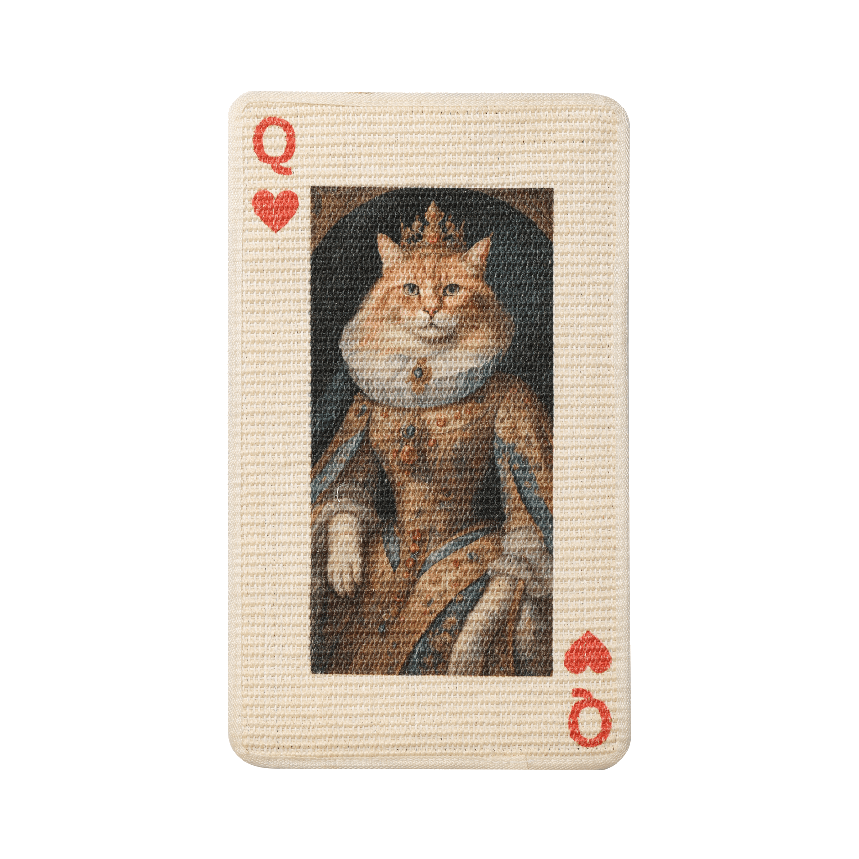 Art-inspired sisal scratching mat featuring a regal cat queen design, perfect for scratching and playing.