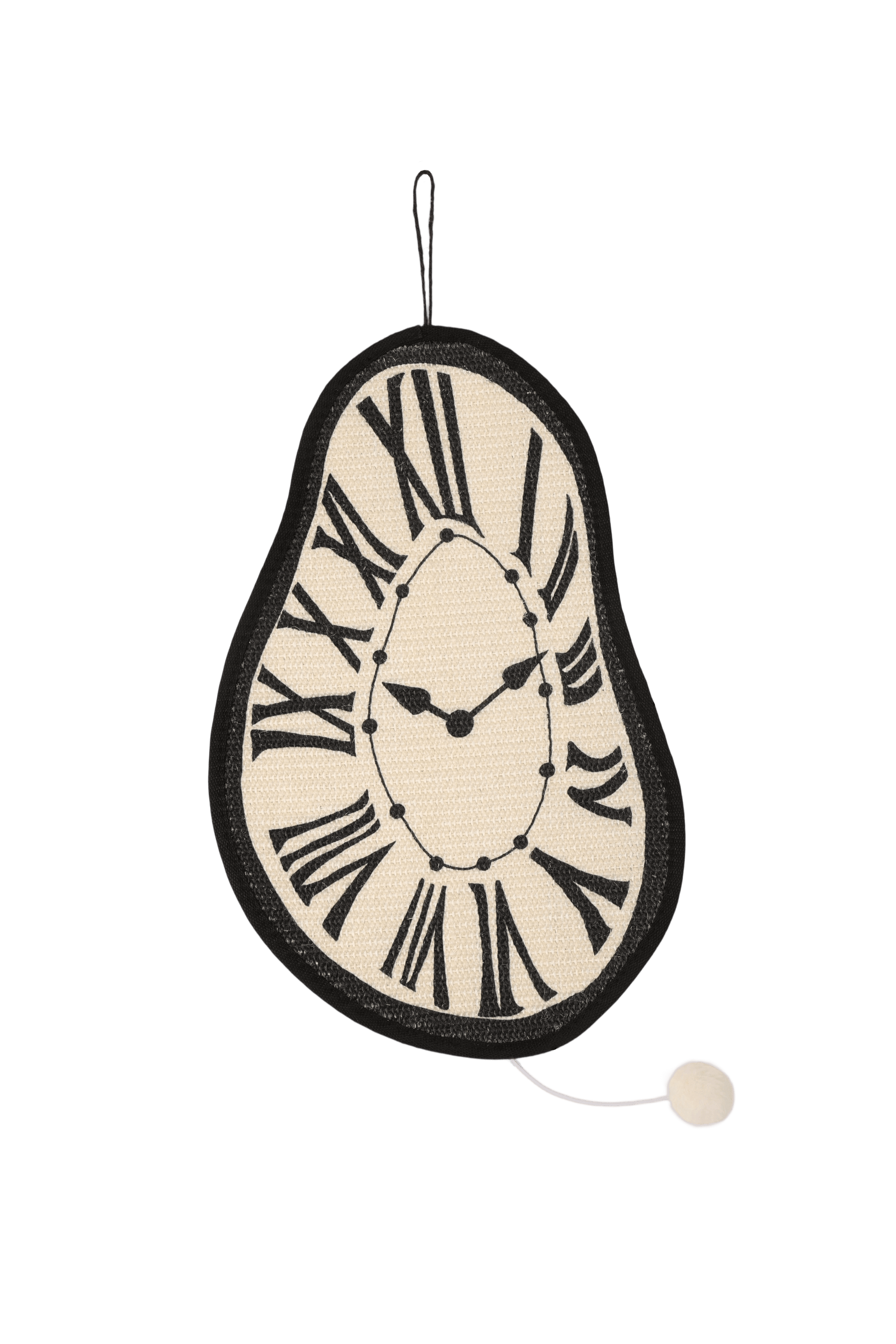 Melting clock cat scratching mat with a unique design and catnip pompom, perfect for scratching and furniture protection.