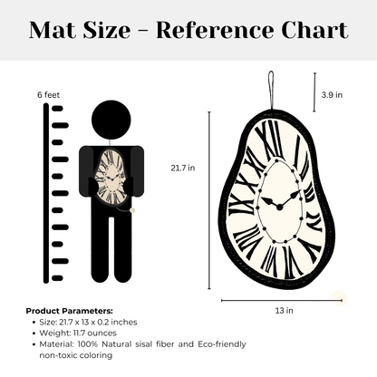 Size reference chart for Melting Clock Cat Scratching Mat with dimensions and features, displayed alongside a person silhouette.