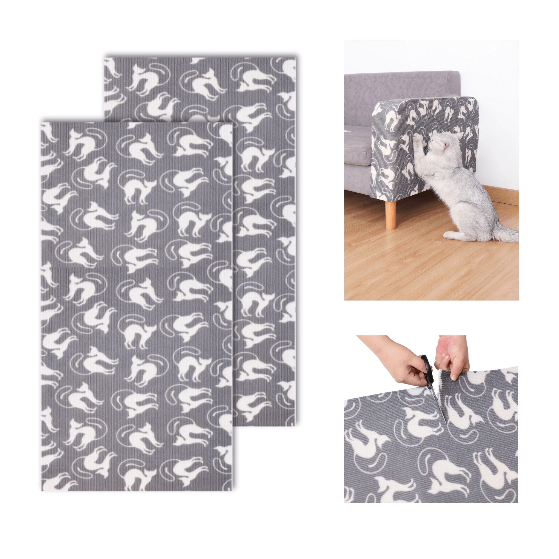 Trimmable DIY cat scratching mat with stylish pattern shown on furniture and being cut to fit, protecting against cat scratches.