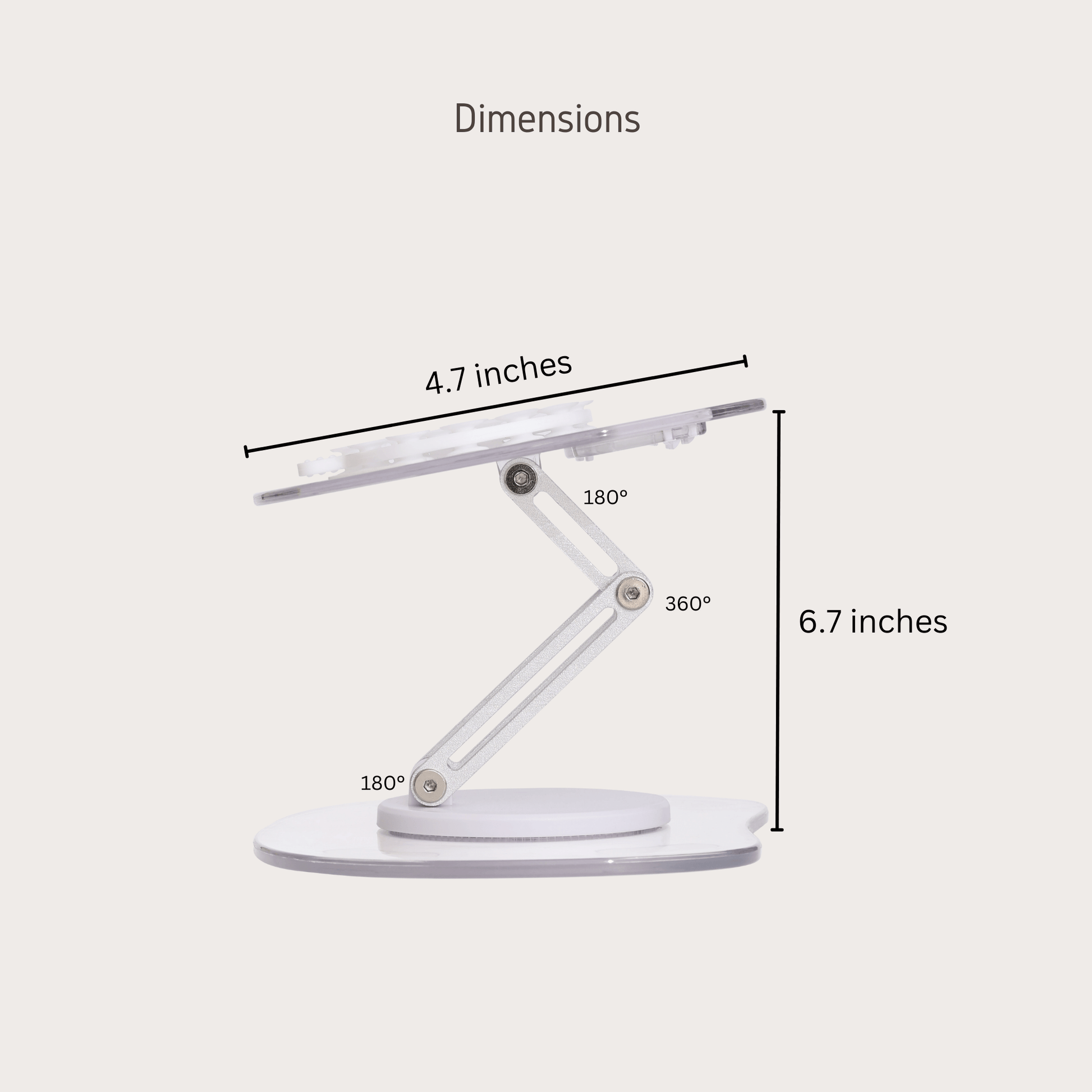 Side view of a multi-angle adjustable feeding stand with dimensions labeled, showing 4.7 inches width and 6.7 inches height.