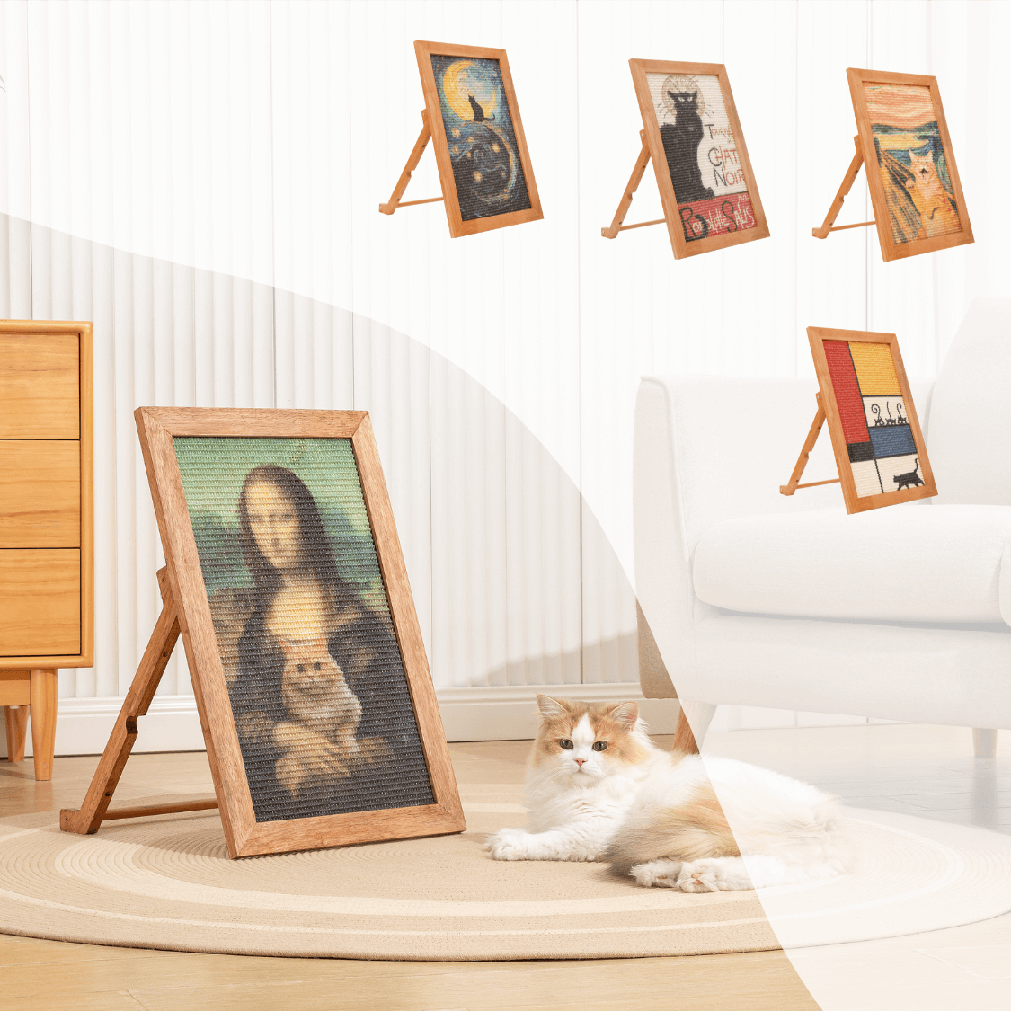 A stylish sisal art frame scratcher for cats, featuring famous artworks and a fluffy cat lounging nearby.