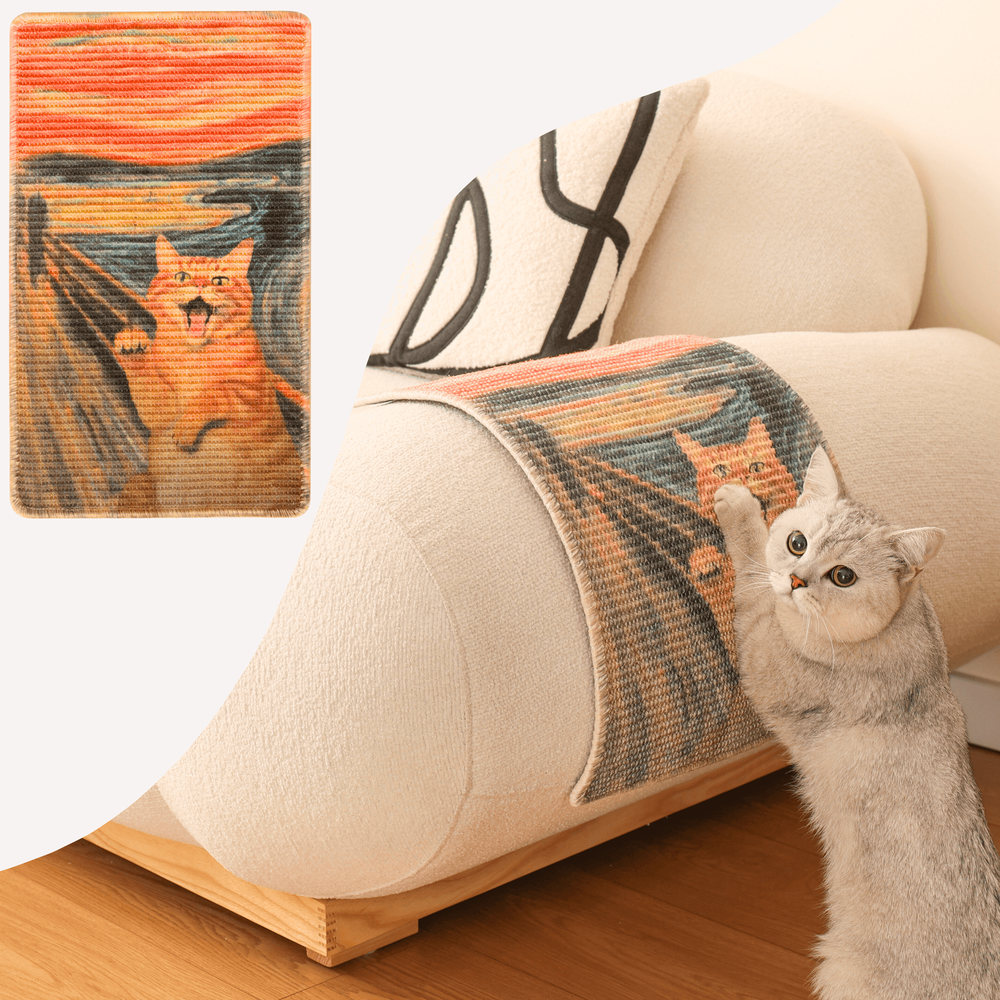 Art-inspired sisal scratching mat with cat design, perfect for cat scratching and play.