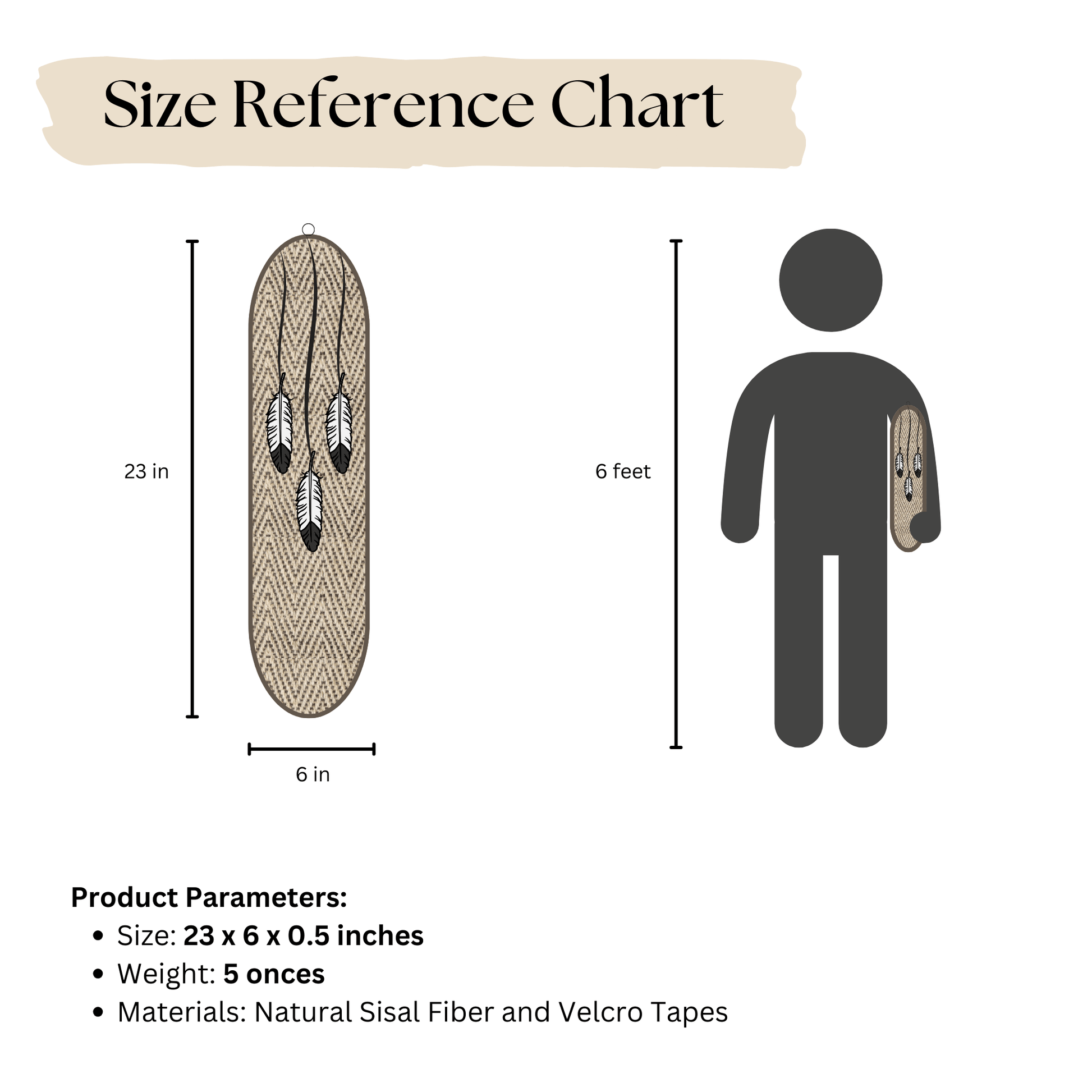Size reference chart for Boho Dream Scratcher, displaying dimensions and materials used.