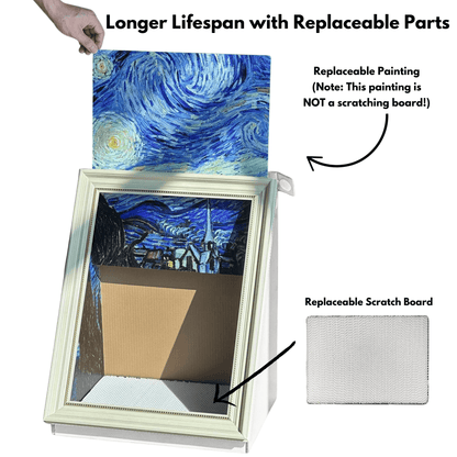 Cat cave scratcher with replaceable painting and scratch board, showcasing stylish design and eco-friendly materials.