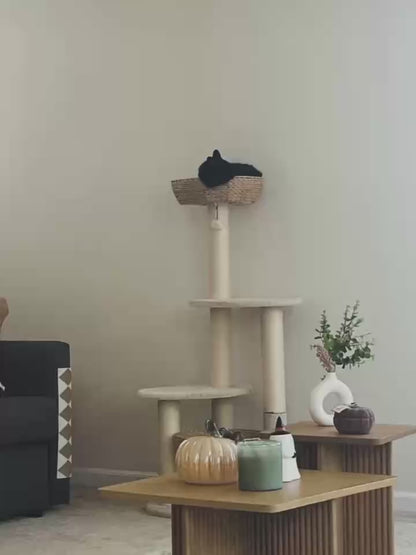 Stylish cat scratching post with a cozy basket and modern furniture in a chic living room setting.