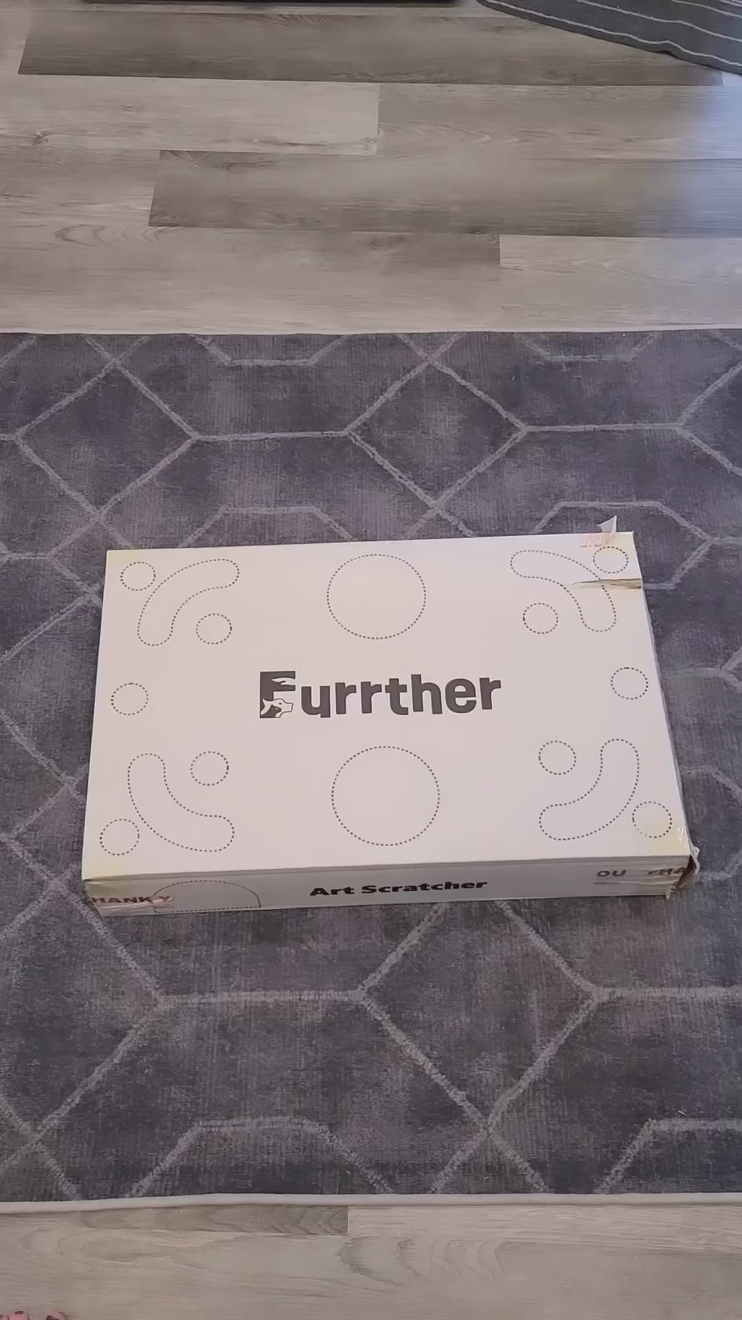 Furrther Art Scratcher package displayed on a modern gray rug, showcasing its sleek design and branding.