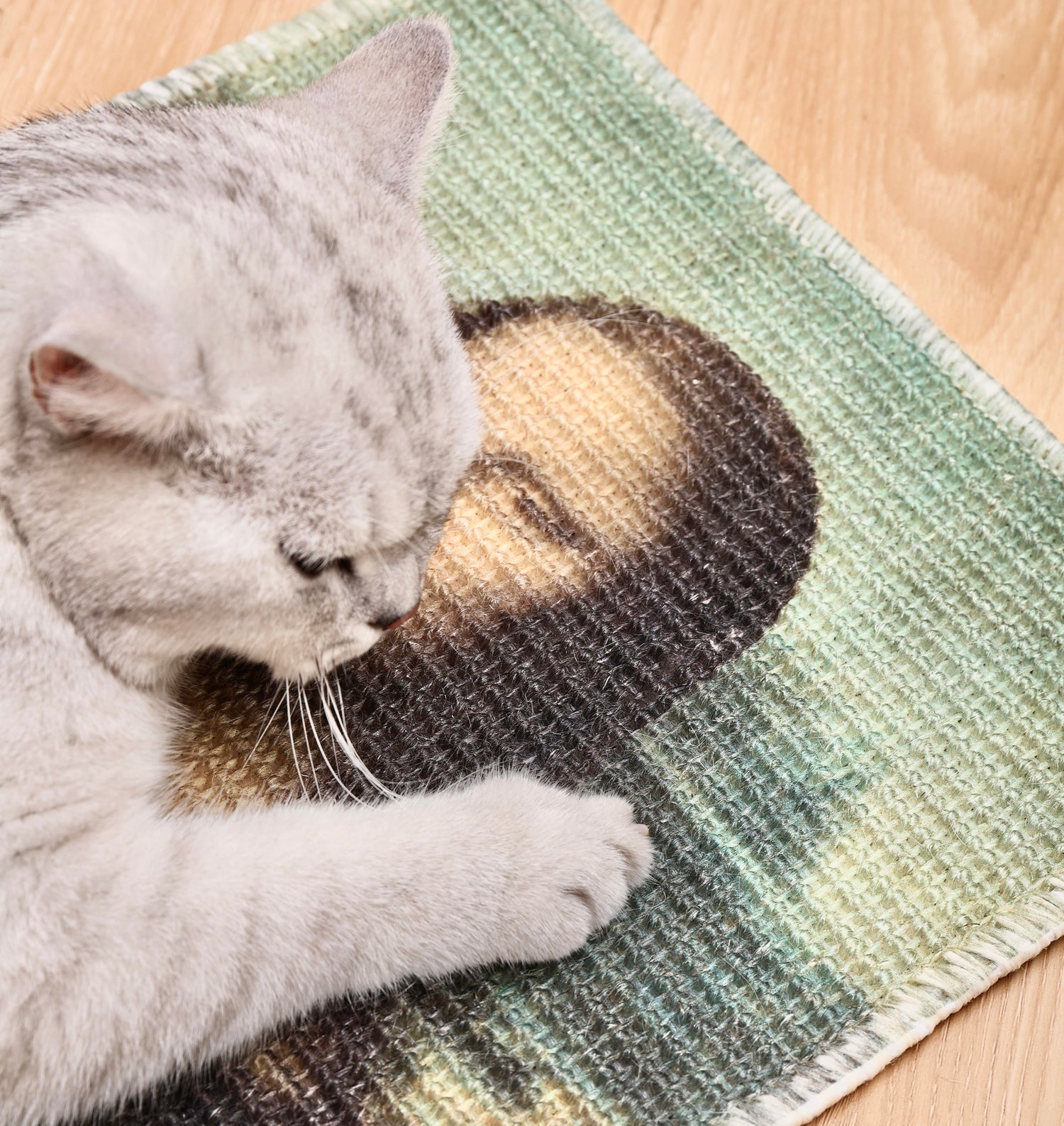 Cat scratching a Mona Lisa sisal mat